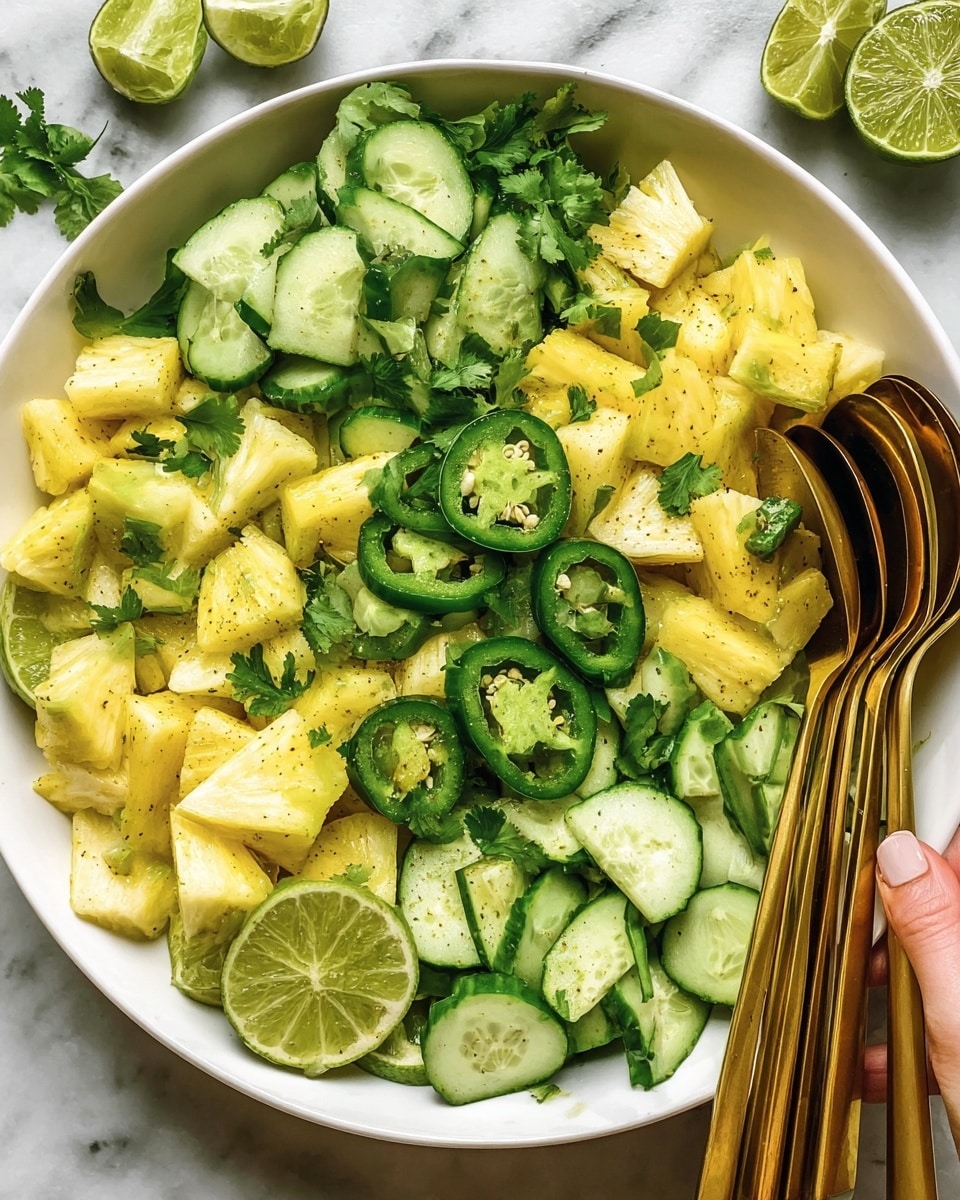 A white bowl filled with a fresh salad consisting of three main layers: the base layer is made up of yellow triangular pineapple pieces, scattered on top are thick half-moon slices of light green cucumber with darker green skins, and green jalapeño rings placed evenly across the salad. Bright green lime wedges and loose cilantro leaves are spread throughout for a pop of color and freshness. A woman's hand is holding a set of large, round, golden serving spoons, resting inside the bowl on the right side. The bowl is set on a white marbled surface with extra lime slices on the side. Photo taken with an iphone --ar 4:5 --v 7