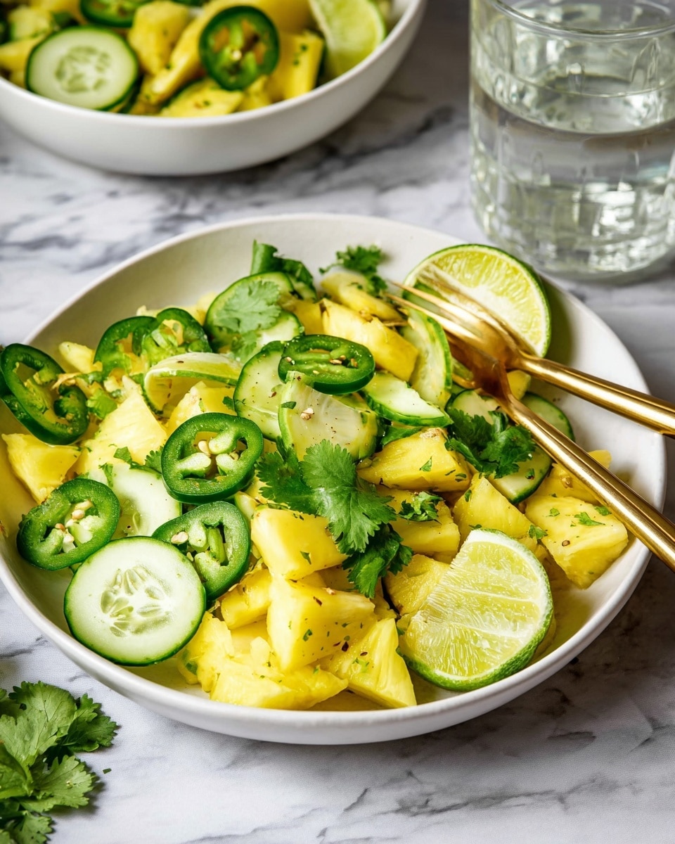 The image shows a salad in a white bowl on a white marbled surface. The salad has two main layers: the bottom layer is made of bright yellow pineapple chunks cut into small triangles, and the top layer has light green cucumber slices with dark green rinds, some slices overlapping the pineapples. On top of these, there are thin slices of dark green jalapeño peppers and fresh cilantro leaves scattered around. A couple of lime wedges with a pale green fresh inside are placed on top near the center. There is a gold spoon and fork resting inside the bowl on the back edge, and in the background, there is another white bowl with similar salad and a glass of water. Photo taken with an iphone --ar 4:5 --v 7