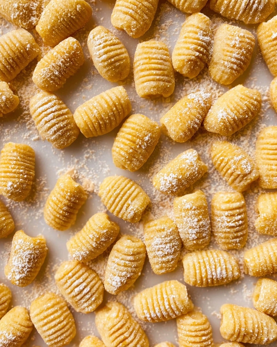 A close-up view of many small, golden yellow gnocchi pieces spread out on a white marbled surface. Each gnocchi has deep, even ridges running across its oval shape, giving them a ribbed texture. They are dusted lightly with white flour, which clings to the dough and settles on the surface below. The gnocchi pieces are arranged in no specific order but are closely packed together, filling the frame with rich detail and warm tones. photo taken with an iphone --ar 4:5 --v 7