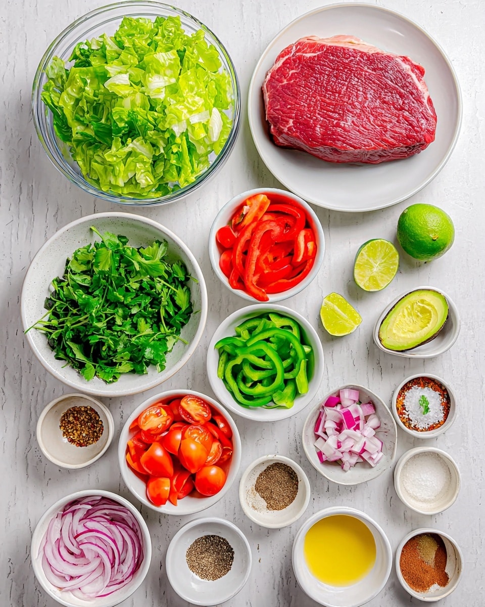 The image shows a top view of various fresh ingredients neatly arranged on a white marbled surface. On the top left, there is a glass bowl full of bright green chopped lettuce, while on the top right, a large piece of raw red beef steak lies on a white plate. Below the lettuce, a small bowl holds loose green leafy lettuce. At the center, a white plate contains thin strips of green and red bell peppers. Surrounding these main bowls are smaller white bowls and dishes filled with sliced red onions, halved cherry tomatoes, finely chopped garlic, an avocado, chopped cilantro, various spices in red, brown, and black hues, coarse salt, pepper, yellow liquid possibly oil, and lime halves. The layers include leafy vegetables at the top left, raw meat at the top right, sliced vegetables in the middle, and herbs and seasonings spread around the bottom. The colors are bright and fresh with a clean and organized layout photo taken with an iphone --ar 4:5 --v 7