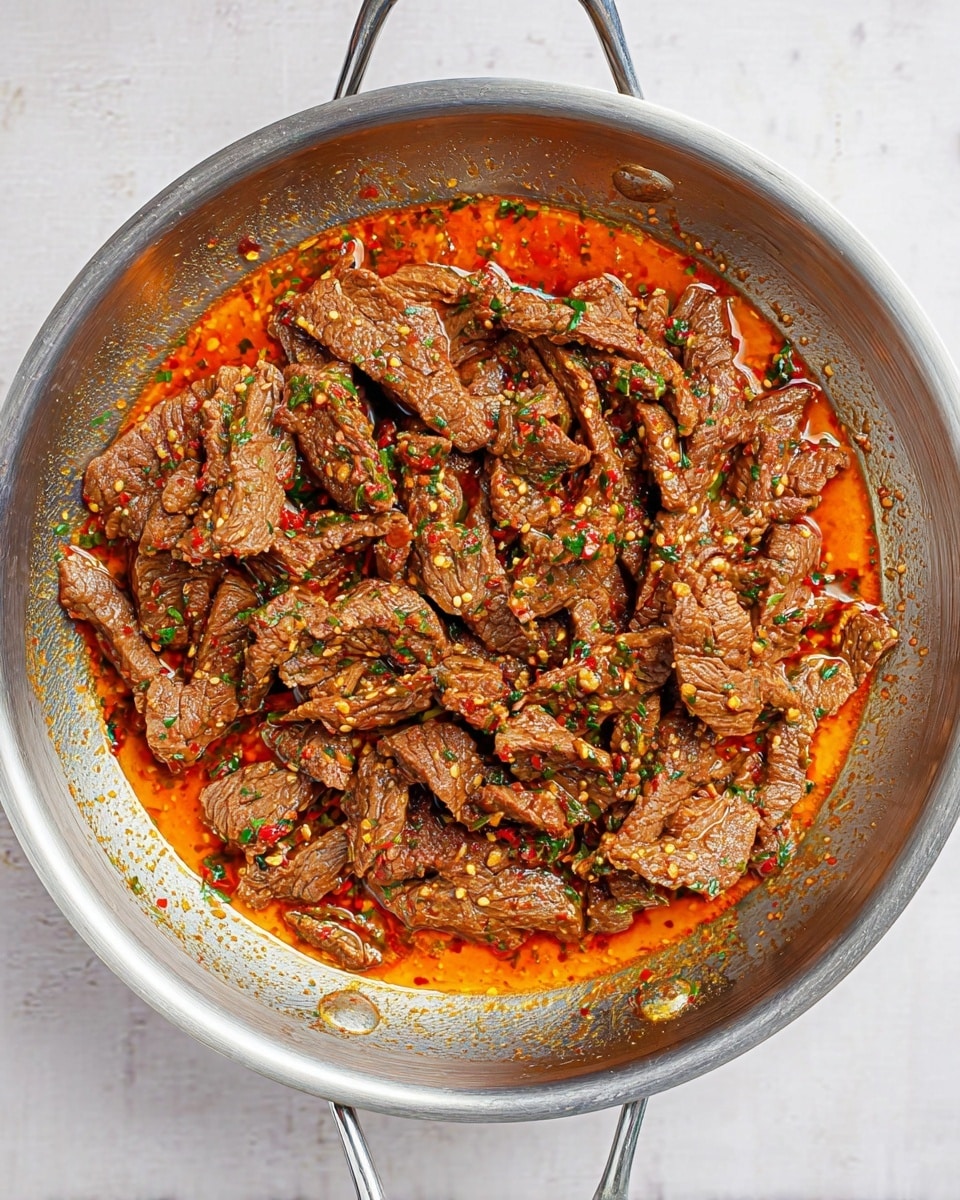 Inside a large stainless steel pan, there are many thin strips of cooked beef that have a slightly rough texture and a deep brown color. The beef pieces are mixed with small bits of green herbs and red chili flakes, giving texture and color specks in green, red, and yellow. The beef is in a shallow pool of bright orange-red sauce that has a slight oil shine and some visible seeds and herbs floating around. The pan has two handles visible at the top and bottom, resting on a white marbled surface. photo taken with an iphone --ar 4:5 --v 7