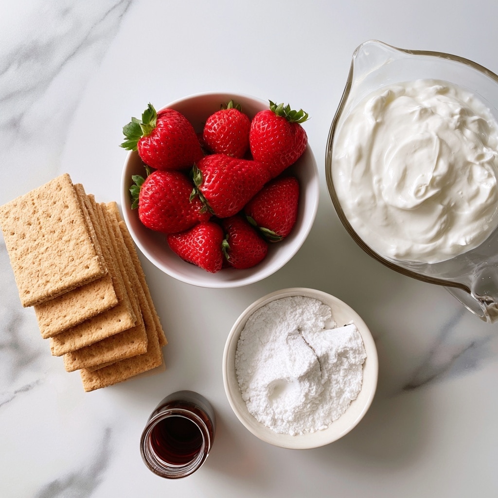A top-down view shows five ingredients arranged on a white marbled surface. On the left, there are rectangular light brown graham crackers stacked in a neat pile. Next to it, a white bowl is full of bright red fresh strawberries with green tops. To the right, a clear glass measuring cup is filled with white heavy whipping cream. Below that, a small white bowl holds fine white powdered sugar with a small spoon indentation. Near the bottom left, there is a small glass jar containing dark brown vanilla extract. The arrangement is simple and clean with natural colors. photo taken with an iphone --ar 4:5 --v 7