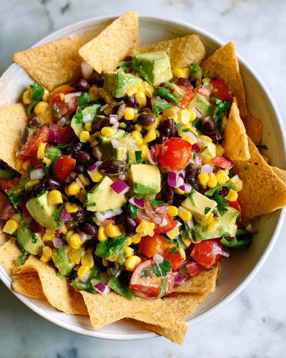 A close-up of a bowl of colorful salad with black beans, yellow corn, red tomato pieces, green bell pepper, red onion bits, and avocado chunks mixed together, with some tortilla chips partly dipped into the salad around the edges of the white bowl on a white marbled surface. photo taken with an iphone --ar 4:5 --v 7