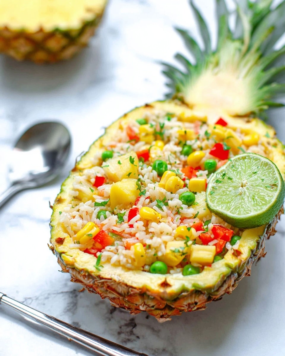 A hollowed-out pineapple half is filled with a colorful mix of white rice, green peas, yellow corn, red bell pepper pieces, and small chunks of pineapple, all mixed together and slightly garnished with green herbs. Two slices of lime rest on one side of the pineapple boat. The pineapple sits on a white marbled surface with a blurred background showing the top part of a whole pineapple. A silver spoon is placed nearby in the bottom left corner. photo taken with an iphone --ar 4:5 --v 7