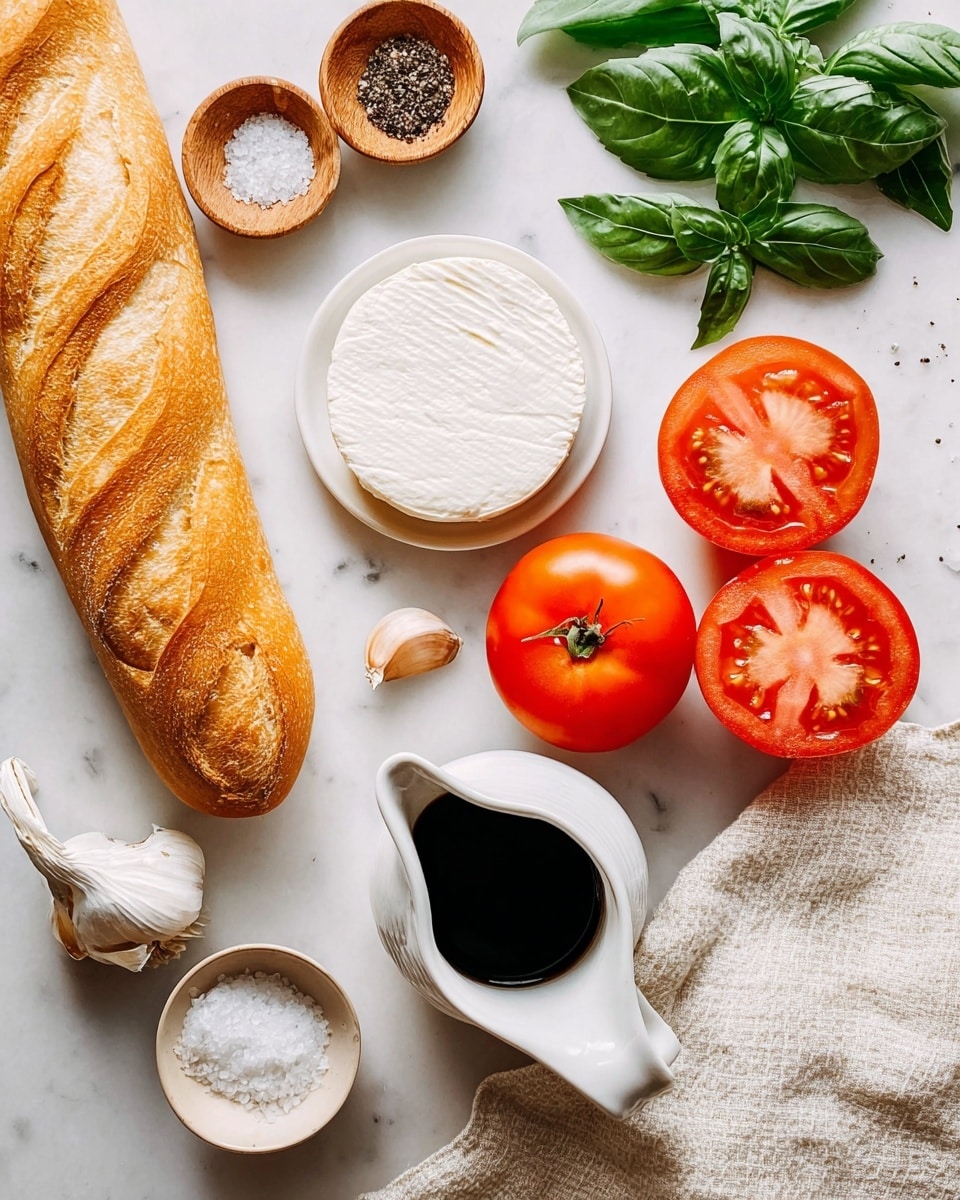 A fresh baguette with golden brown crust lies on a white marbled surface on the left side. To the right of the baguette are two whole bright red tomatoes and two tomato halves showing their juicy red insides with seeds. In the center, a white bowl holds a soft white cheese with a smooth texture. Nearby, there is a single peeled garlic clove and a small white plate with a pile of coarse salt. Above, fresh green basil leaves are spread out next to two small wooden bowls containing black pepper and coarse salt. In the bottom center, a white pitcher holding a dark balsamic liquid is visible. A cream-colored woven cloth is placed on the far right corner. The photo is taken with an iphone --ar 4:5 --v 7