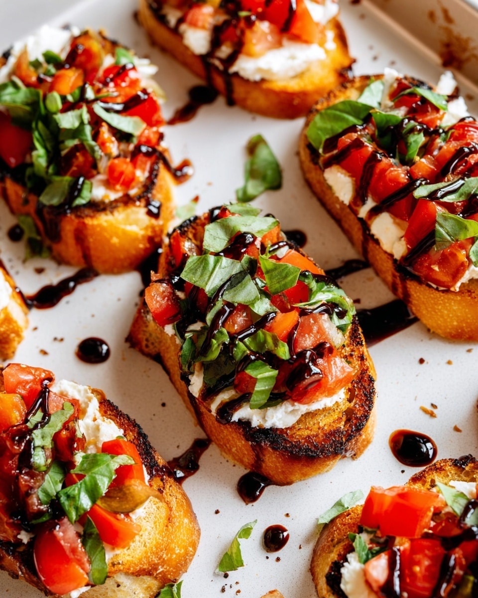 The image shows several slices of toasted bread arranged on a white tray with a white marbled texture underneath. Each toast has three main layers: a golden-brown toasted bread base with some charring on edges, a creamy white cheese spread evenly on top, and bright red chopped tomatoes mixed with fresh green basil leaves scattered over the cheese. A dark, glossy balsamic glaze is drizzled generously over each toasty stack and the tray, adding shiny dark spots that contrast with the bright colors. Some tomato pieces and basil leaves have fallen onto the white tray, creating natural, casual crumbs around. Photo taken with an iphone --ar 4:5 --v 7