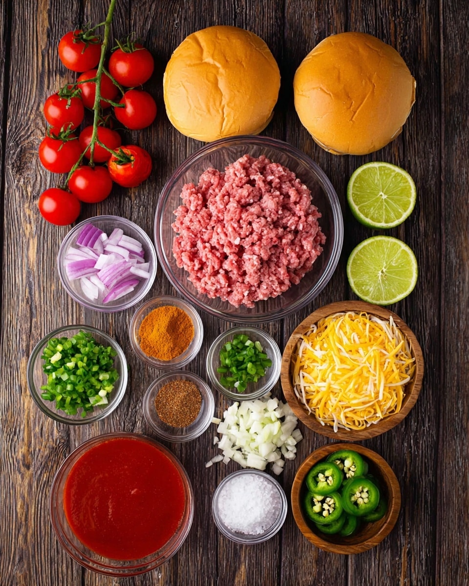 A flat lay shows many ingredients on a dark wood surface with a bunch of bright red cherry tomatoes on the vine on the left side and another on the bottom right. There are five lime halves with light green insides scattered around. Two shiny golden brown burger buns sit above and below the center, which has a clear bowl full of pink and white raw ground meat. Around the meat are small clear bowls holding reddish-orange spice, black pepper, minced garlic, white powder, finely chopped red onions, chopped green chilies, and salt. A wooden bowl near the meat has a pile of shredded yellow and white cheese. Green sliced jalapeño peppers are placed across the surface. At the bottom left is a clear bowl with smooth deep red tomato sauce. The photo taken with an iphone --ar 4:5 --v 7