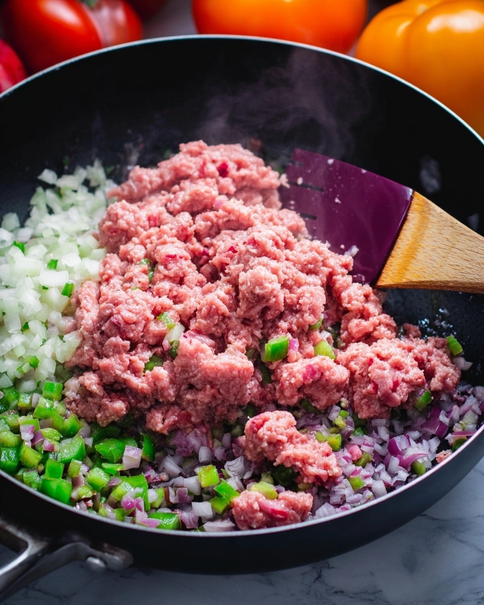 A close-up view of a black frying pan filled with layers of cooking ingredients, starting with a base layer of finely chopped white onions mixed with small bits of green peppers and purple-red onions spread evenly at the bottom. On top of this, there is a thick layer of raw, pink minced meat mixed with tiny pieces of green peppers and purple onions. A wooden spatula with a light brown handle and a dark purple silicone blade rests in the pan. In the background, there are blurred bright red tomatoes and an orange. The pan is placed on a surface with a white marbled texture. Steam rises gently from the pan, showing the food is cooking. photo taken with an iphone --ar 4:5 --v 7