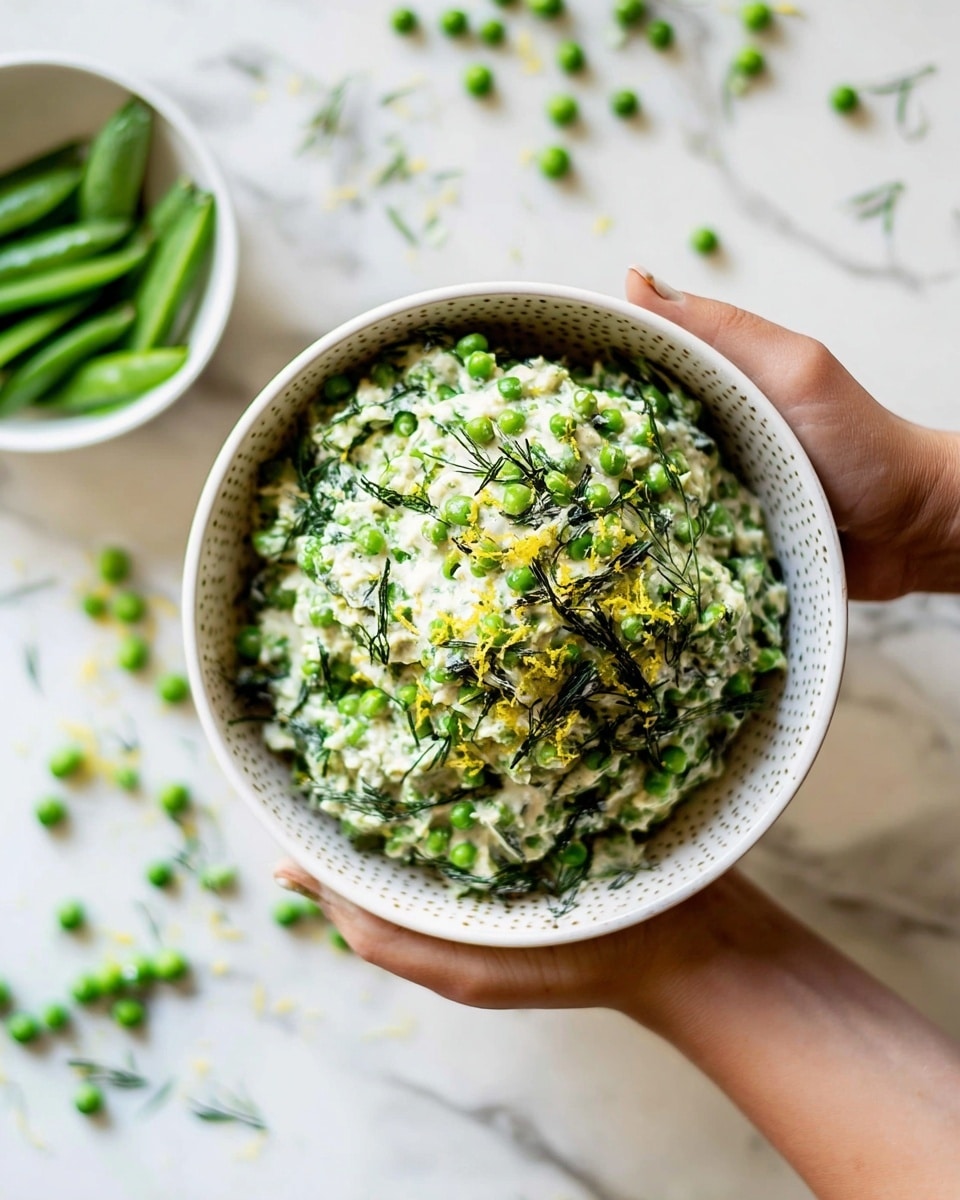 A close-up view of a white bowl with small holes all over, filled with a creamy green pea mixture that has visible bits of dark green herbs and small yellow zest on top, held by two woman's hands on each side. In the background, a blurred white bowl with green pea pods sits on a white marbled surface with scattered green peas. The dish looks fresh and textured with a mix of creamy white and vibrant green colors. photo taken with an iphone --ar 4:5 --v 7