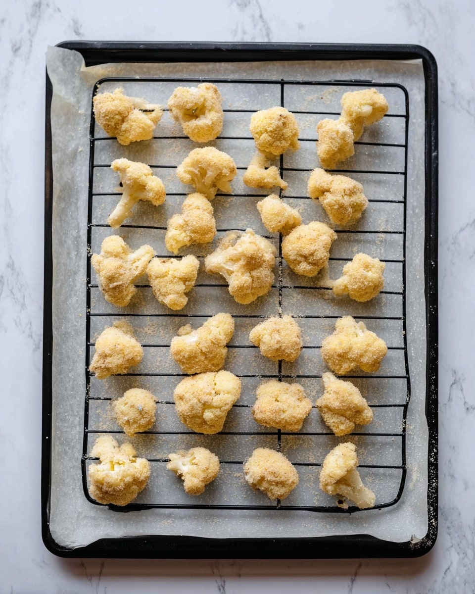 The image shows a baking tray lined with parchment paper holding a black wire rack on top. On the rack, there are small to medium-sized pieces of cauliflower coated in a light, crumbly batter. The cauliflower pieces are pale yellow with a slightly rough texture from the coating, spread evenly across the rack in rows. The background is a white marbled surface. Photo taken with an iphone --ar 4:5 --v 7