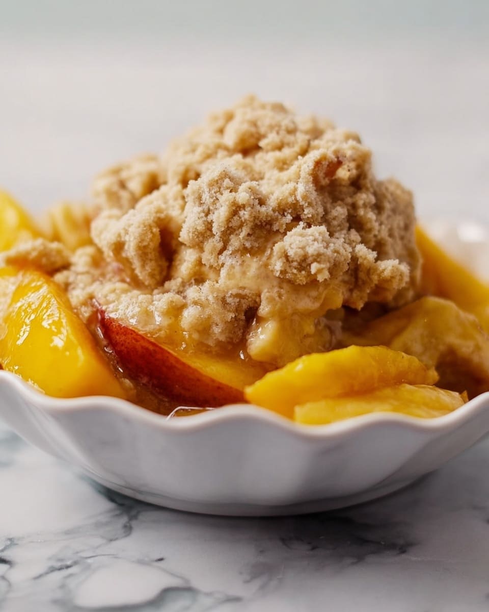 A white scalloped-edge bowl holds a dessert with three main layers: at the bottom, soft yellow peach slices form the base; on top of the peaches, there is a layer of light brown, fluffy textured topping that looks slightly crumbly; the topping is piled in rough spoonfuls, adding height and texture contrast. The bowl sits on a white marbled surface, and the photo is taken close-up with clear focus on the textures. photo taken with an iphone --ar 4:5 --v 7