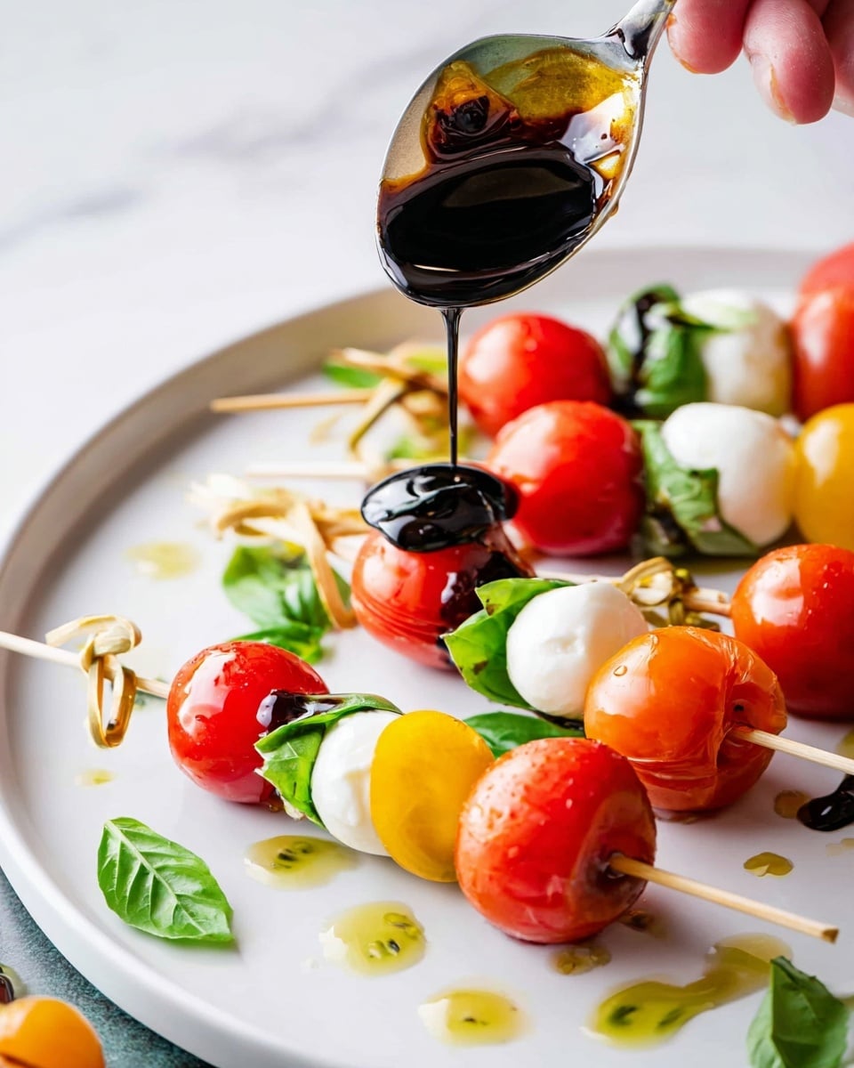 The image shows small skewers with three layers each: bright red, yellow, and green cherry tomatoes, fresh green basil leaves in the middle, and white mozzarella balls. The skewers lay scattered on a white plate with a white marbled background. Dark balsamic glaze is being drizzled over the skewers from a spoon held by a woman's hand. The plate also has drops of olive oil around the skewers, adding shine and texture photo taken with an iphone --ar 4:5 --v 7