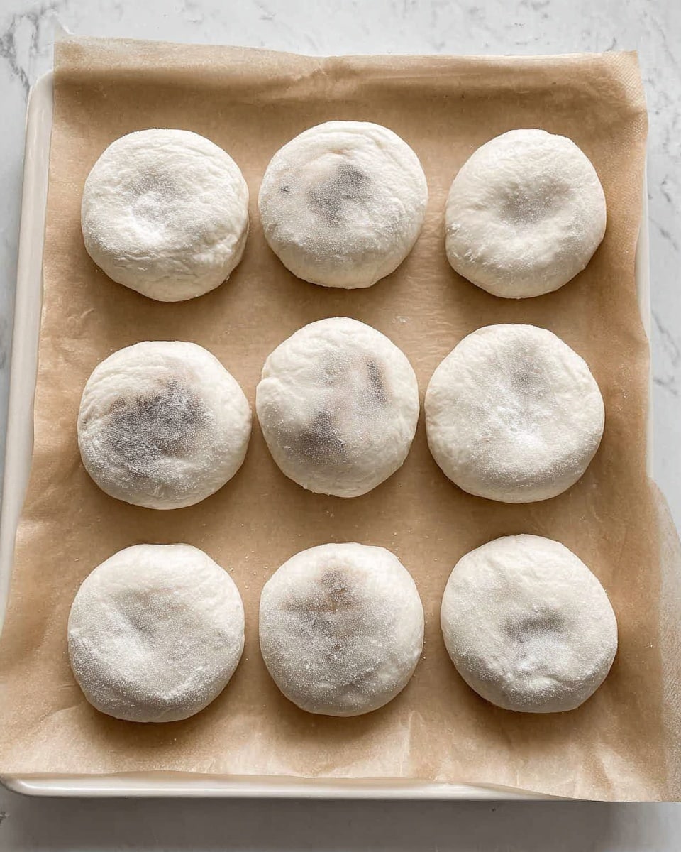 The image shows nine round, white dough balls with uneven surfaces and slight dark gray spots, arranged in three rows of three on a piece of light brown parchment paper. The dough balls have a soft, fluffy texture and appear slightly flattened on top. They rest on a flat white baking tray with edges visible around the parchment paper. The whole setup is placed on a surface with a white marbled texture. photo taken with an iphone --ar 4:5 --v 7