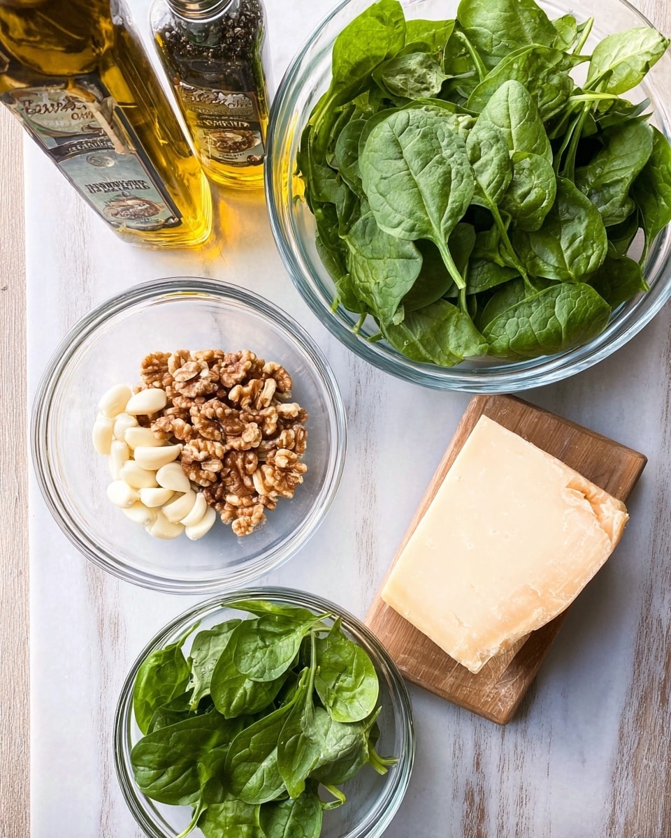 The image shows several clear glass bowls and a wedge of Parmesan cheese arranged on a white marbled surface. The largest bowl near the top right is filled with bright green fresh spinach leaves that look crisp and whole. Below it, there is a smaller bowl filled with light brown walnut halves that have a rough, textured surface. To the left of the walnut bowl, a small bowl contains several white garlic cloves with a smooth texture. Near the bottom left is another clear bowl holding deep green basil leaves with veins visible all over. The wedge of Parmesan cheese with its pale, slightly crumbly texture sits on the bottom right side. In the background, there are two seasoning containers and a bottle of olive oil. The setup is bright and well-lit, with a casual kitchen feel. photo taken with an iphone --ar 4:5 --v 7