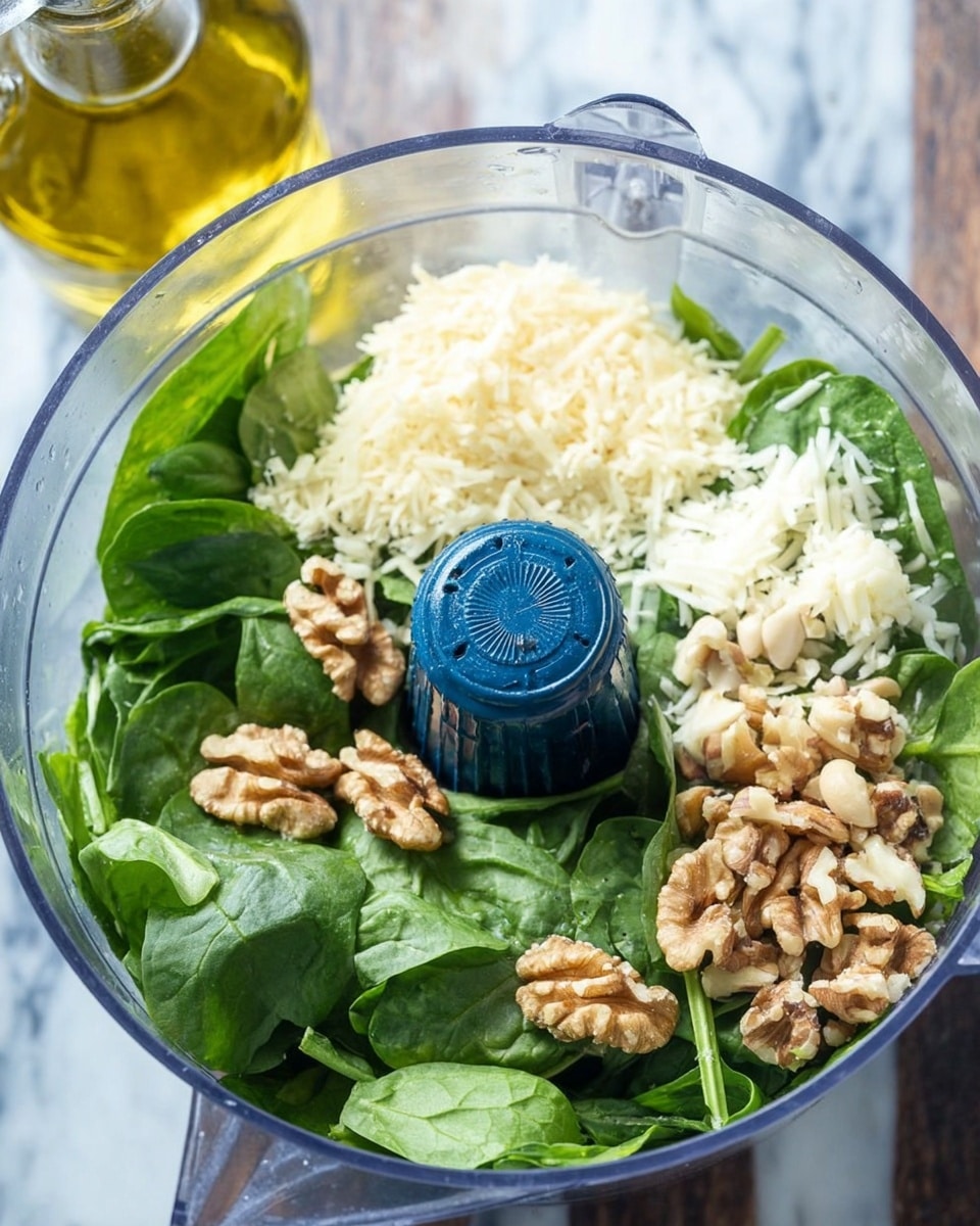 A clear food processor bowl filled with fresh green spinach leaves on the bottom layer, topped with several pieces of light brown walnuts scattered around, small white chopped garlic pieces to the right, and a layer of fine, pale yellow grated cheese on the upper left. The food processor's blue center blade holder is visible in the middle. The bowl sits on a white marbled surface with a blurred bottle of olive oil in the background. Photo taken with an iphone --ar 4:5 --v 7