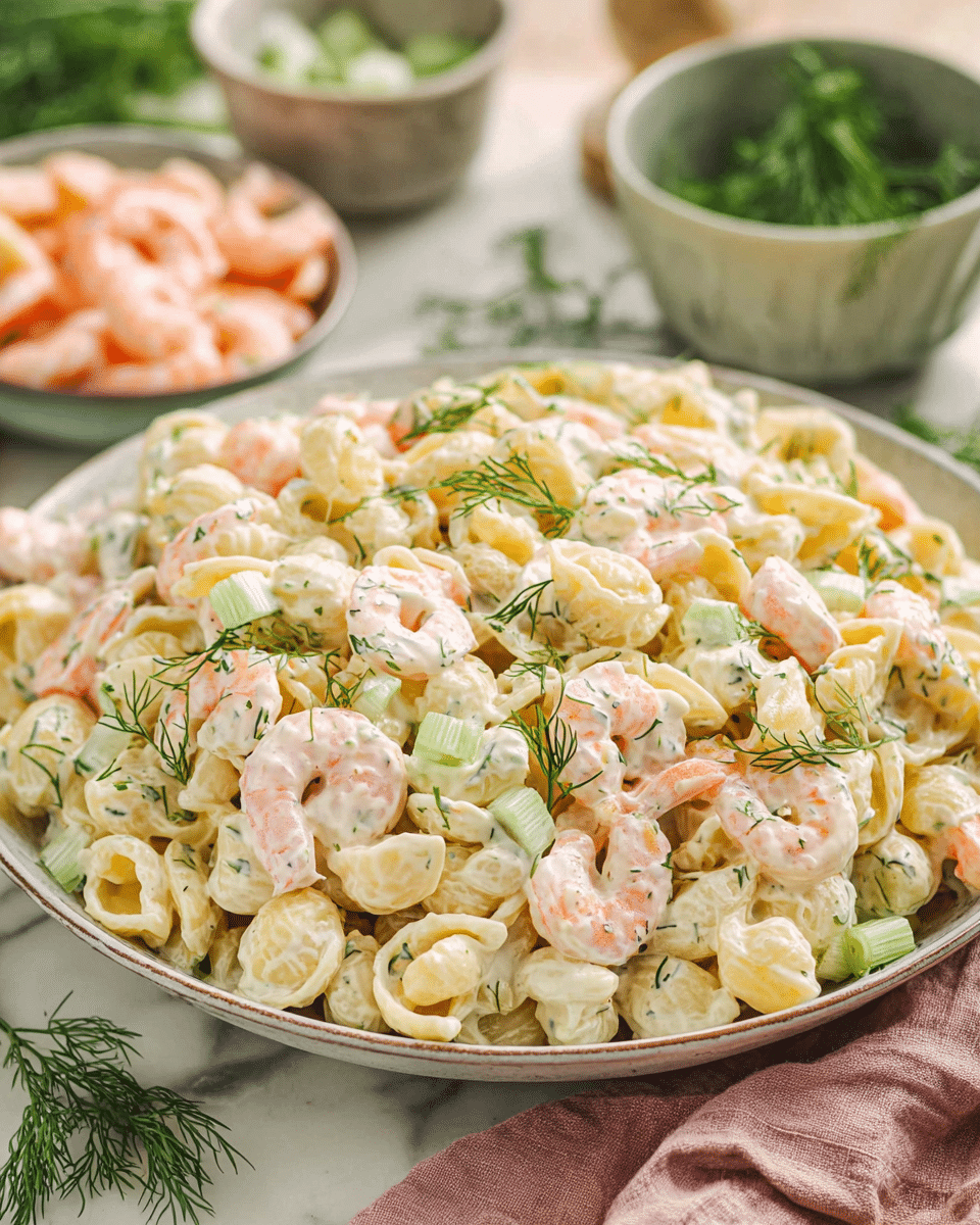 A large white bowl filled with creamy pasta salad, showing layers of small shell pasta coated in a pale, creamy dressing. Mixed evenly throughout are light pink shrimp, diced green celery, and small bits of herbs adding a hint of green. The textures vary between the smooth sauce, the firm pasta shells, and the crunchy celery pieces. A silver spoon rests inside the bowl, partially covered by the pasta salad. The bowl is placed on a white marbled surface. photo taken with an iphone --ar 4:5 --v 7