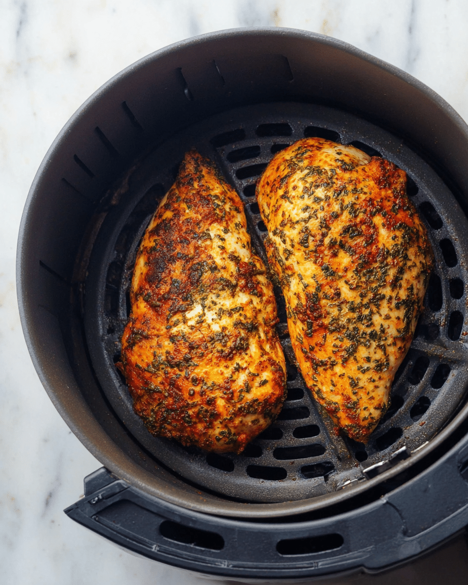 Two cooked chicken pieces with a golden-brown and slightly crispy outside, covered in green herb spices and reddish seasoning, lie next to each other inside a black air fryer basket, showing a grilled texture. The basket is round with a grid base, and the photo is taken from above on a white marbled surface. photo taken with an iphone --ar 4:5 --v 7