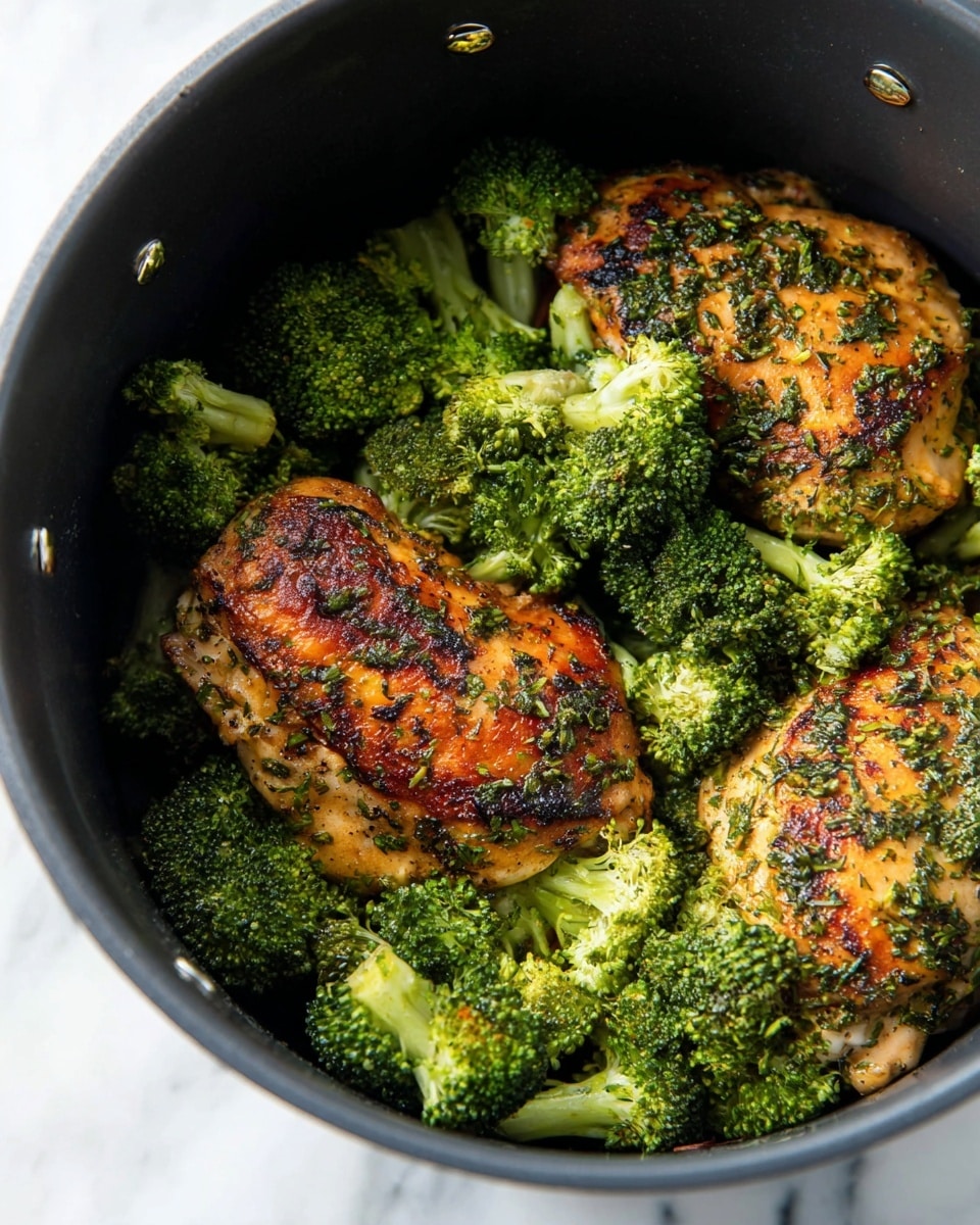 Inside a black pot, there are two cooked chicken pieces with a golden brown and slightly charred surface covered with green herbs. Around and partially on top of the chicken are many bright green broccoli florets with a bit of char, adding texture and color contrast. The pot rim and screws are visible at the top edge. The background is a white marbled surface. photo taken with an iphone --ar 4:5 --v 7