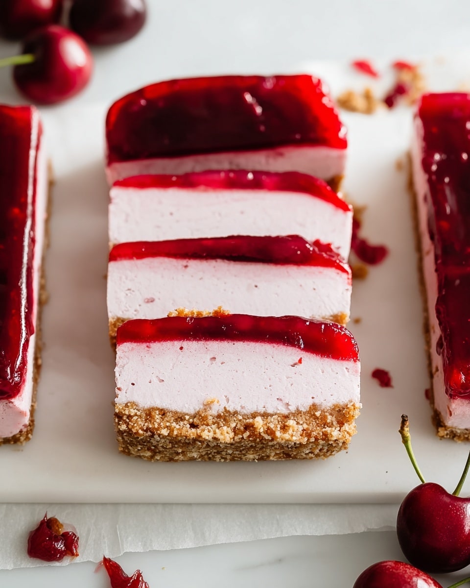 A rectangular dessert with three visible layers placed on a white marbled surface; the bottom layer is a light brown crust, the middle layer is thick and white with a creamy texture, and the top layer is a shiny, smooth cherry-red gel spread evenly with slight texture marks. Around the dessert, there are some whole cherries, a white bowl filled with cherries and green leaves, and a small white dish containing more of the red gel sauce. A striped cloth is partly visible at the bottom left corner. The scene is bright and clean with soft natural light. Photo taken with an iphone --ar 4:5 --v 7
