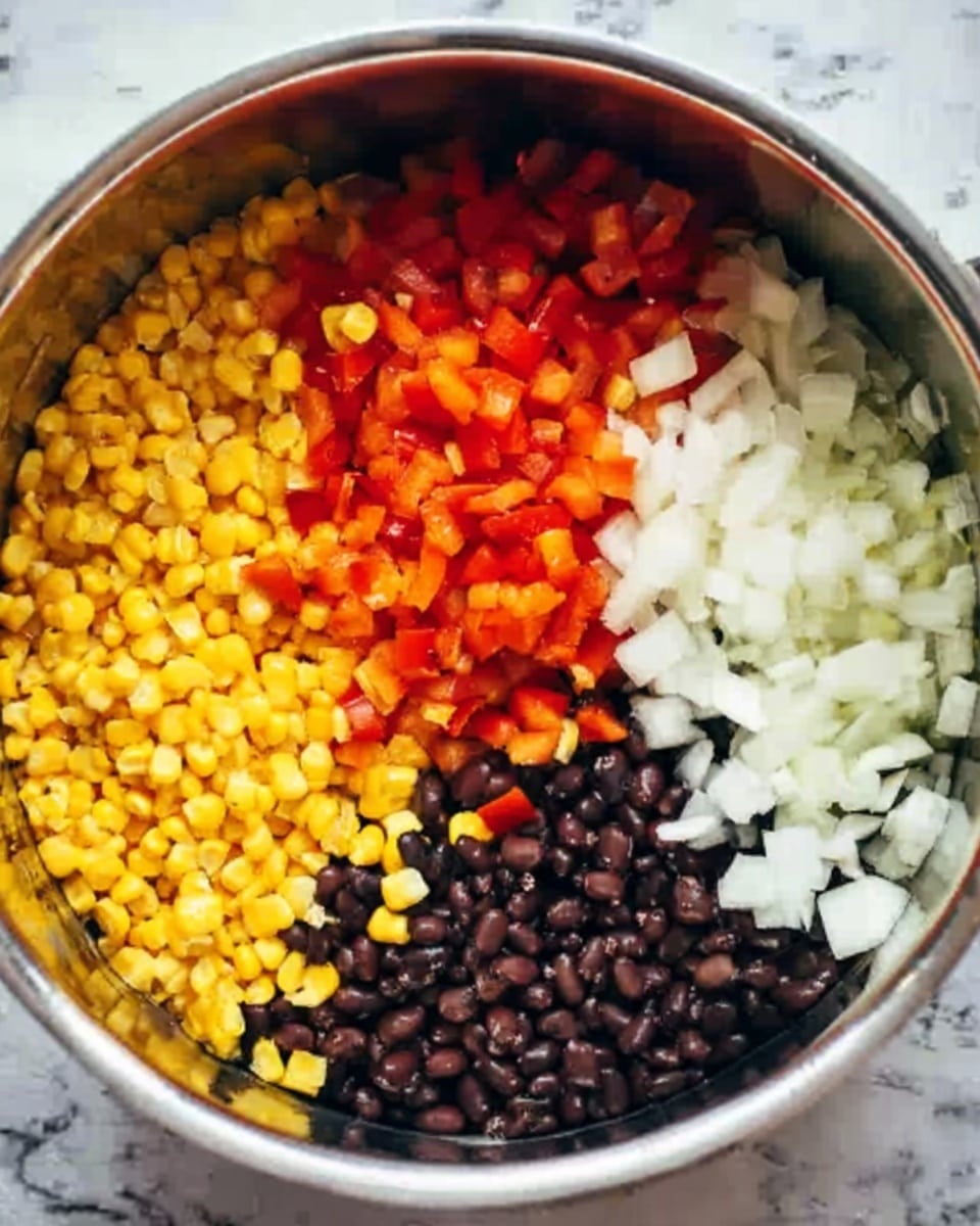 This image shows a close-up top view of a silver pot with four visible layers of ingredients arranged side by side inside. On the top left is a layer of bright yellow corn kernels, and on the top right is a layer of finely chopped red bell peppers. Below the peppers, on the bottom right, is a layer of white diced onions, and on the bottom left are black beans. The pot is placed on a surface with a white marbled texture. Photo taken with an iphone --ar 4:5 --v 7