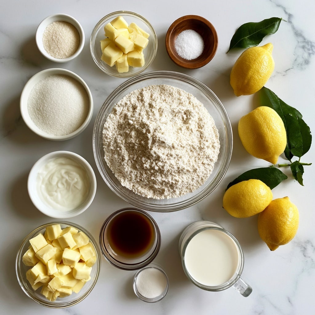 A flat lay image shows various baking ingredients arranged neatly on a white marbled surface. There is one large transparent bowl in the middle filled with white flour, surrounded by smaller white bowls and clear glass containers holding sugar, vegan butter cut into small cubes, vegan yogurt, vanilla extract, baking soda and powder, non-dairy milk in a glass mug, and a small wooden bowl with salt. On the right side, four bright yellow lemons with green leaves provide a colorful contrast. Each ingredient is labeled with black text on white backgrounds placed close to the respective bowls or items. Photo taken with an iphone --ar 4:5 --v 7