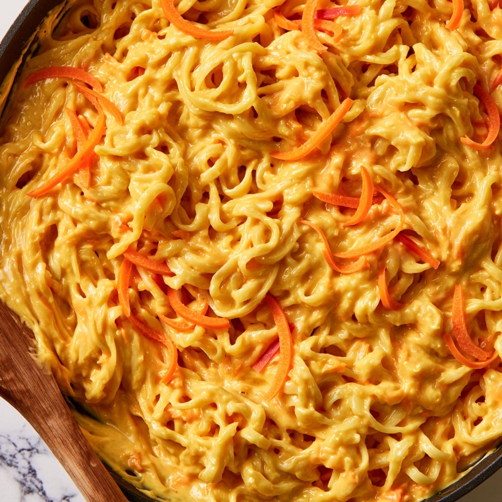 This image shows a close-up of creamy yellow-orange noodles mixed with thin slices of orange and red vegetables in a pan. The noodles are soft and covered in a smooth, thick sauce, which makes the dish look rich and full. The orange vegetable slices are scattered unevenly throughout the noodles, adding small pops of color. A wooden spatula is partially visible, mixing the noodles and sauce from the bottom left side. The surface beneath the pan has a white marbled texture. Photo taken with an iphone --ar 4:5 --v 7