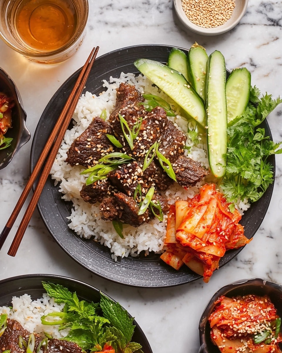 A black plate shows a dish with white rice as the base layer. On top, there are several pieces of dark brown grilled meat sprinkled with light brown sesame seeds and small slices of green onions. To one side of the plate, there are pale green cucumber sticks arranged in a small pile, and a few bright green leafy herbs placed next to them. Near the front edge of the plate, there is a small portion of orange-red kimchi with visible chili flakes. A pair of wooden chopsticks rests on the left side of the plate over the rice. The plate sits on a white marbled surface with small bowls of sesame seeds and more kimchi nearby, along with a glass of light brown drink. photo taken with an iphone --ar 4:5 --v 7