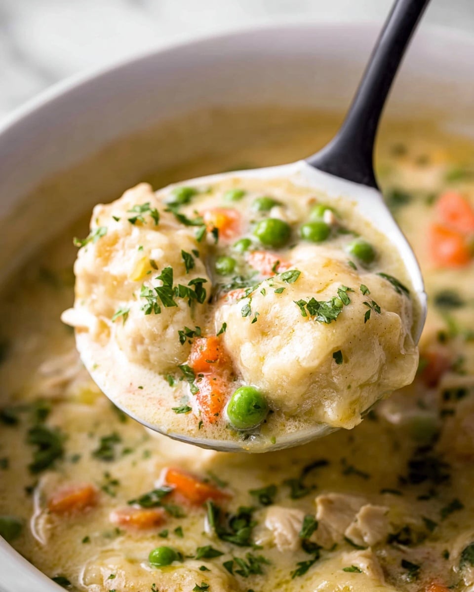 A close-up of a white ladle holding creamy chicken and vegetable stew, showing at least four layers: light beige creamy broth as the base, soft white dumplings resting on top, mixed with bright green peas and chopped fresh green herbs, and orange carrot pieces adding a pop of color, all glistening with steam rising in the background, set over a white marbled surface photo taken with an iphone --ar 4:5 --v 7