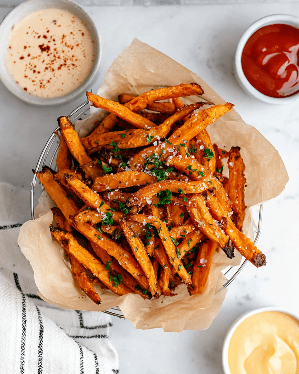 The image shows many orange sweet potato fries scattered close together, some fries have a slightly darker, crispy edge. The fries are sprinkled with coarse salt and small green herb pieces. Near the top right, there is a small white cup filled with bright red ketchup, and at the lower right, part of another white cup with light beige dipping sauce is visible. The fries cover most of the frame, and the background is a white marbled surface. photo taken with an iphone --ar 4:5 --v 7