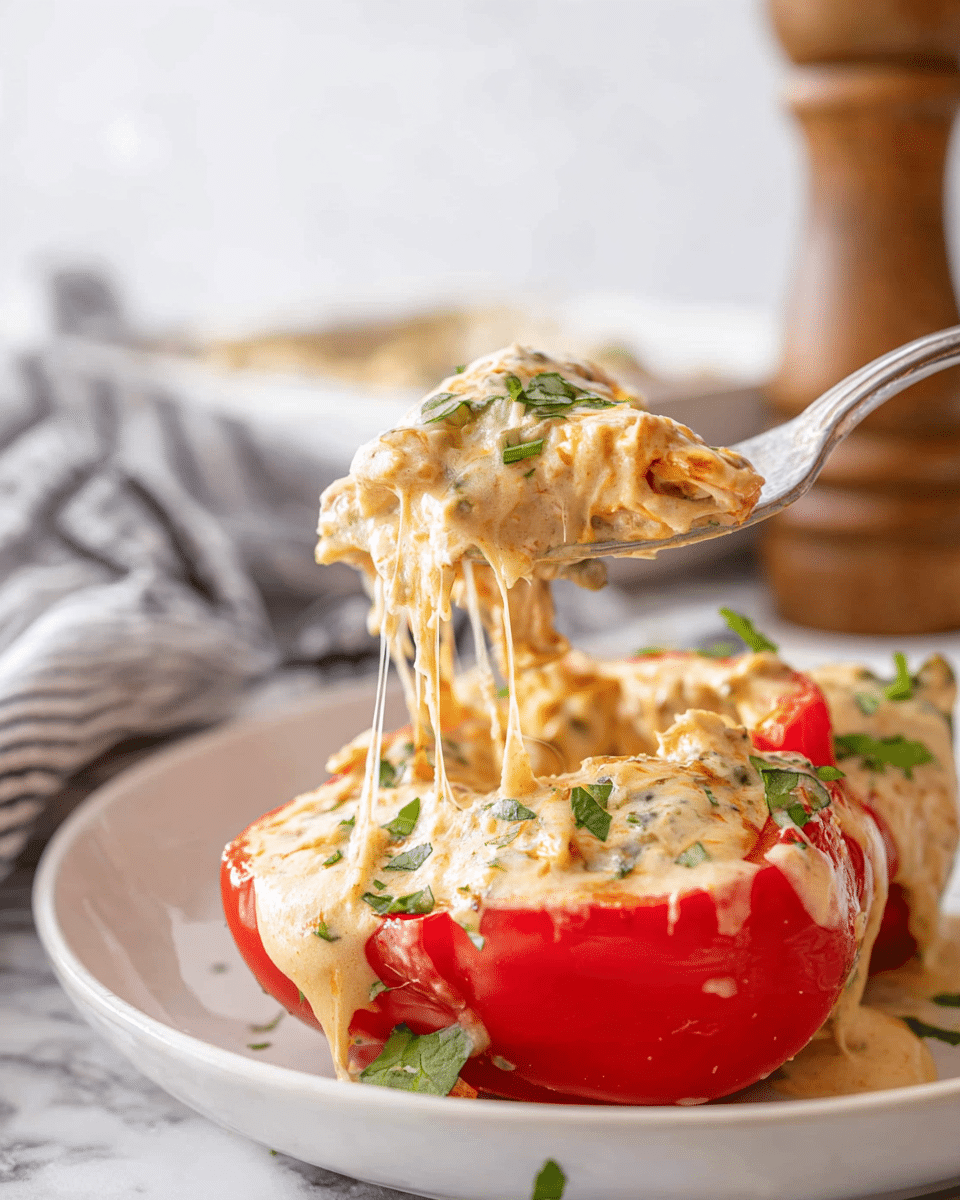 A close-up of a stuffed red bell pepper half filled with a creamy, cheesy, light beige mixture that looks soft and slightly textured, with small green herb bits scattered on top and within. The pepper sits on a white plate against a white marbled background. A silver fork lifts a spoonful of the mixture showing melted cheese strings stretching from the pepper to the fork. In the background, there is a blurred pepper grinder and a striped cloth. Photo taken with an iphone --ar 4:5 --v 7