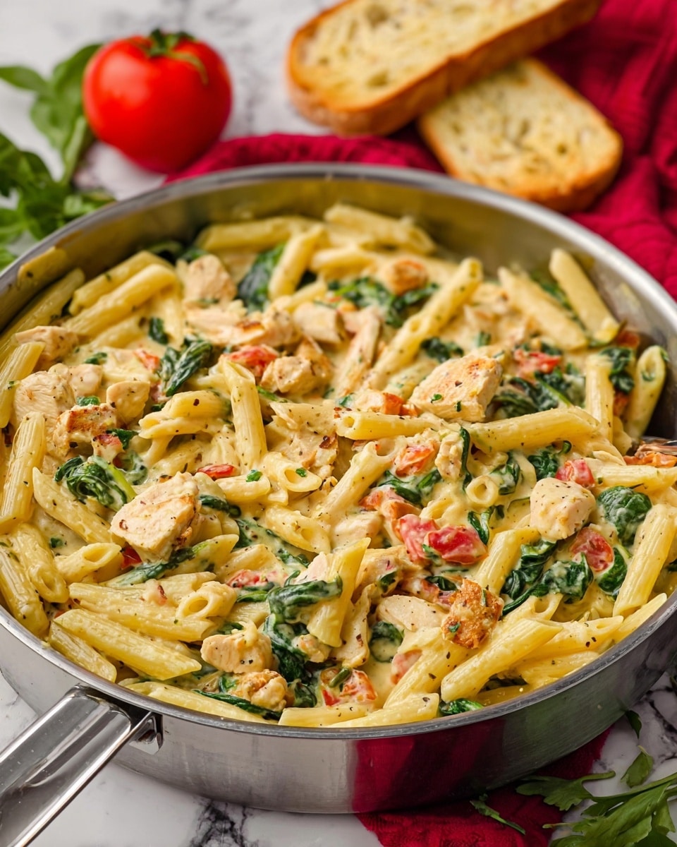 A close-up view of penne pasta in a creamy light yellow sauce, mixed with small pieces of white chicken, green spinach leaves, and bits of red tomato, all combined in a shiny silver pan with a white marbled surface underneath. In the background, there are two halves of toasted bread and a red cloth on the right side with a red tomato on the left side. Some green herb sprigs are scattered on the white marbled surface around the pan. The photo taken with an iphone --ar 4:5 --v 7
