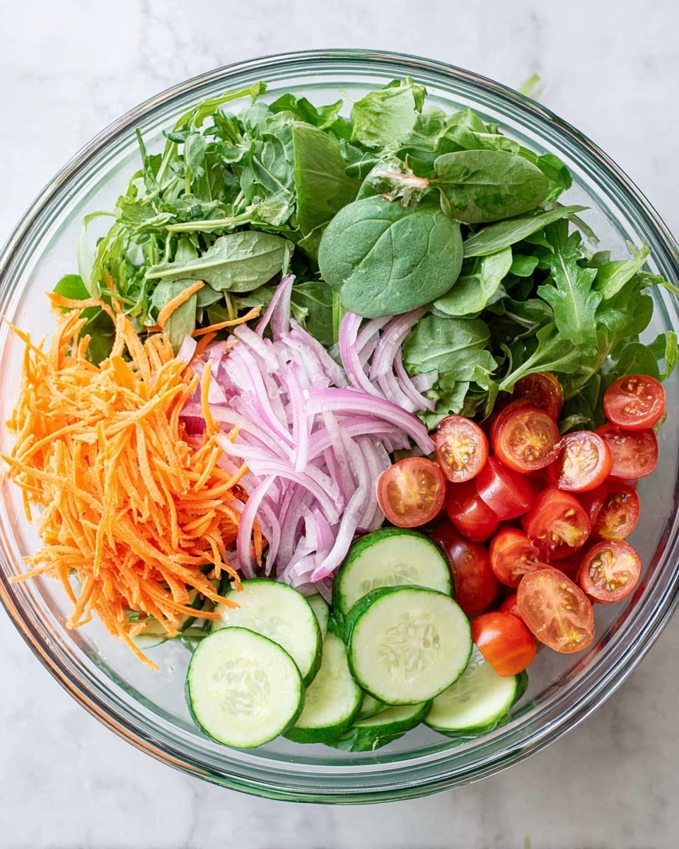 A clear glass bowl filled with a fresh, colorful salad sits on a white marbled surface. The salad has five visible layers arranged in distinct sections: leafy green arugula and spinach at the back right, thinly sliced light purple onions at the back left, shredded orange carrots below the onions, bright red halved cherry tomatoes to the right of the carrots, and round pale green cucumber slices overlapping in the front center. The greens have a soft, leafy texture, while the other vegetables show fresh, juicy, and crisp details. Photo taken with an iphone --ar 4:5 --v 7
