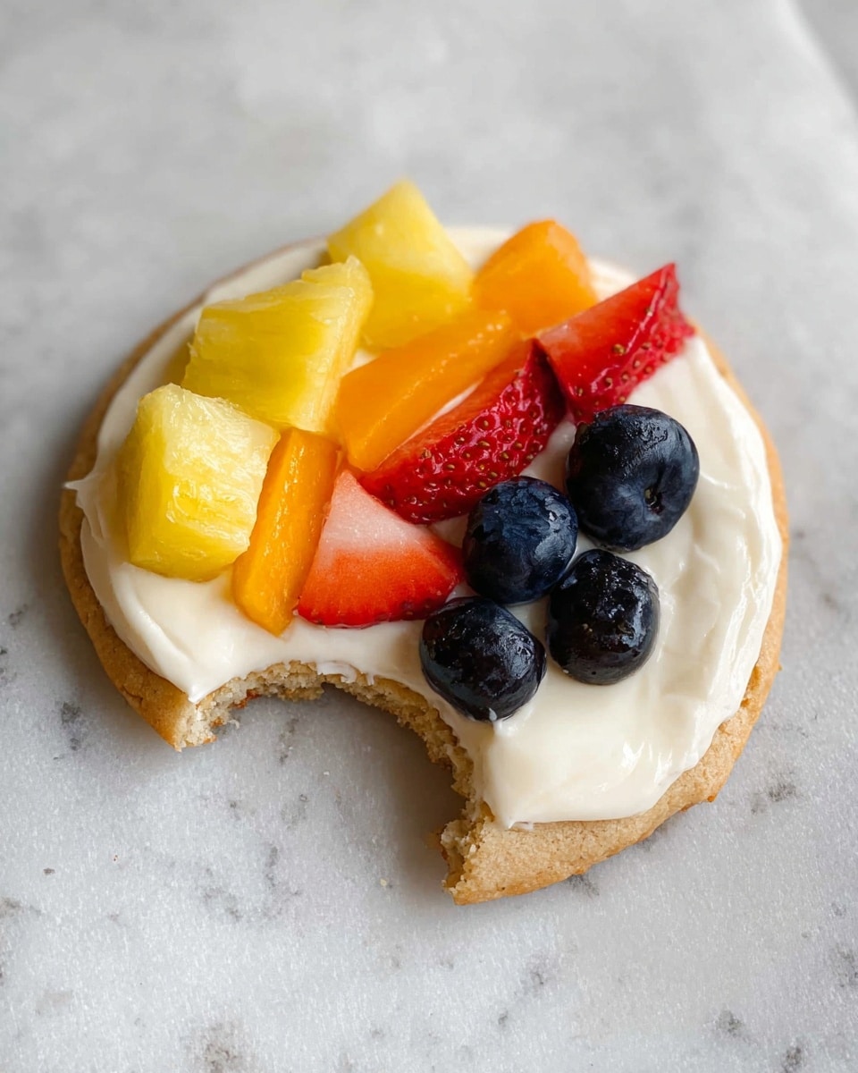 A single round cookie with a slightly golden-brown base has a bite taken out of the left side. On top, there is a thick layer of smooth white cream that spreads evenly across the cookie surface. Fresh fruit pieces sit on the cream in distinct clusters: yellow pineapple chunks at the top, bright orange mango cubes on the left, dark blue blueberries scattered centrally, and sliced red strawberries on the right side. The cookie rests on a white marbled textured surface. Photo taken with an iphone --ar 4:5 --v 7