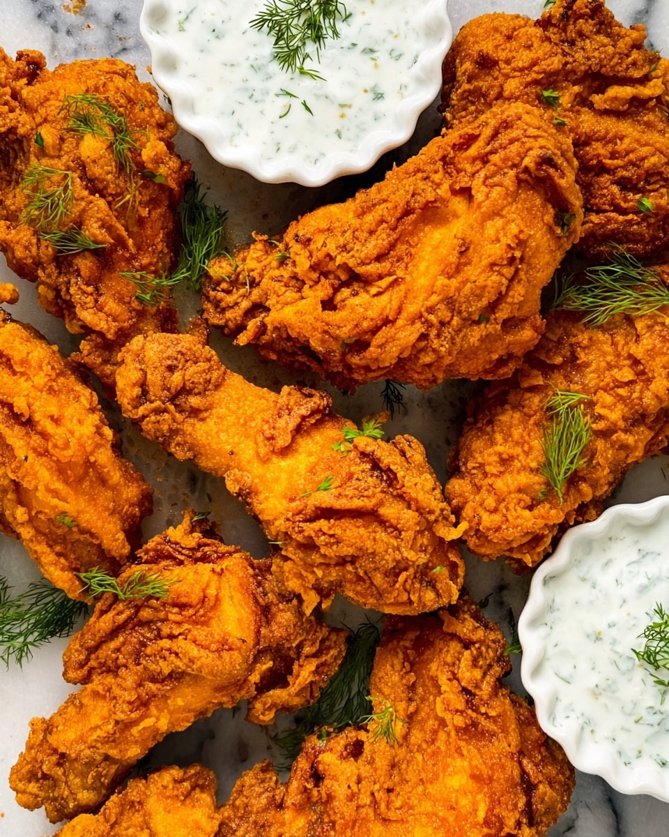 The image shows several pieces of golden brown fried chicken with a rough, crunchy texture, laid out closely together on a white marbled surface. The chicken pieces vary in size but all share a deep orange color with darker brown fried edges and ridges. Small green sprigs of dill are scattered on and around the chicken. There are two white bowls with scalloped edges placed at the top left and bottom center of the frame, each filled with a white creamy sauce with tiny green flecks, likely herbs, and topped with a small dill sprig. The scene is bright, detailed, and vividly shows the crispy texture of the fried chicken. Photo taken with an iphone --ar 4:5 --v 7