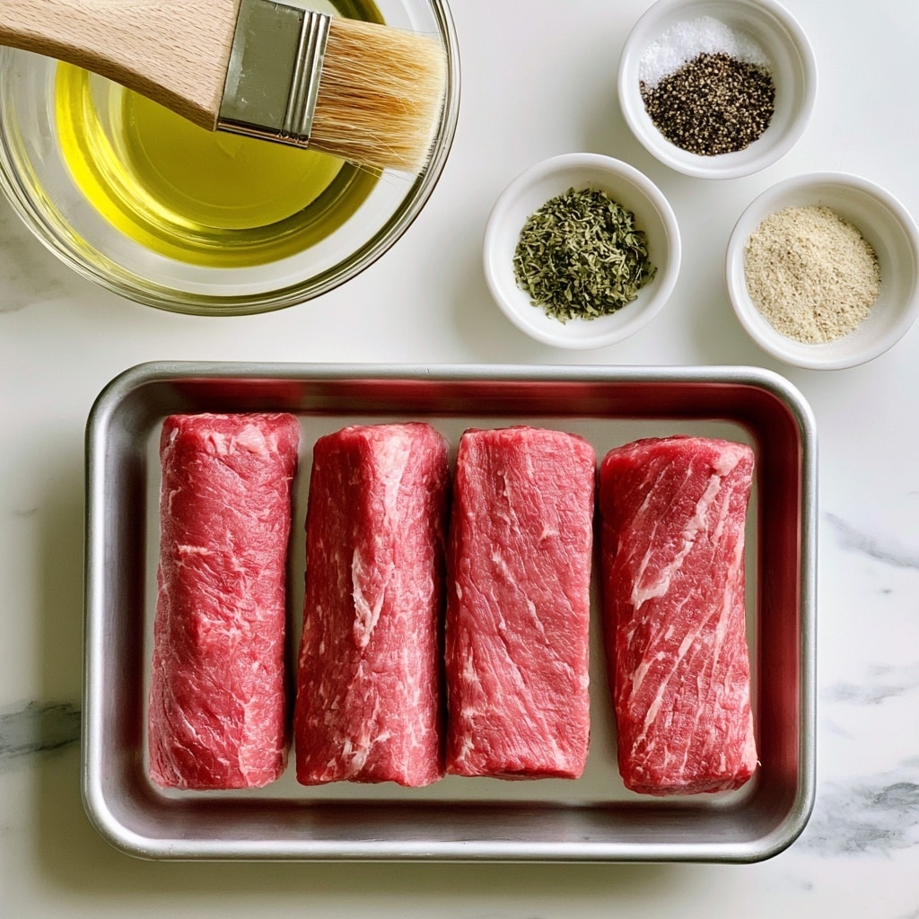 The image shows four long, raw pieces of red meat placed side by side inside a rectangular silver metal tray. On the top left above the tray is a clear glass bowl with a yellow oil liquid and a wooden brush resting over it. To the right of the tray, three small white bowls contain different spices: the top bowl has salt and black pepper, the middle bowl has dried green herbs, and the bottom bowl has a light powdery seasoning. All items are set on a white marbled surface. Photo taken with an iphone --ar 4:5 --v 7