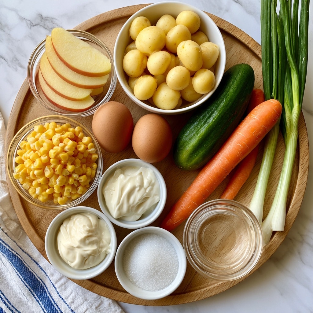 A round wooden tray holds multiple small bowls and ingredients arranged neatly for a recipe. At the center top is a white bowl filled with small yellow potatoes. To its left is a small clear glass bowl with three thick apple slices showing pale yellow inside and red skin. Below the apples are two brown eggs placed directly on the tray. To the left of the eggs is a small clear glass bowl filled with bright yellow corn kernels. Below the potatoes and eggs are two small white bowls; one filled with creamy white mayo and the other with granulated white sugar. To the right of the potatoes sits a short green cucumber with a smooth texture, an orange carrot, and two fresh scallions with long green tops resting on the tray. Below the carrot and scallions is a small clear glass bowl with clear rice vinegar. The whole tray is placed on a white marbled surface with a white and blue striped cloth partially visible. photo taken with an iphone --ar 4:5 --v 7