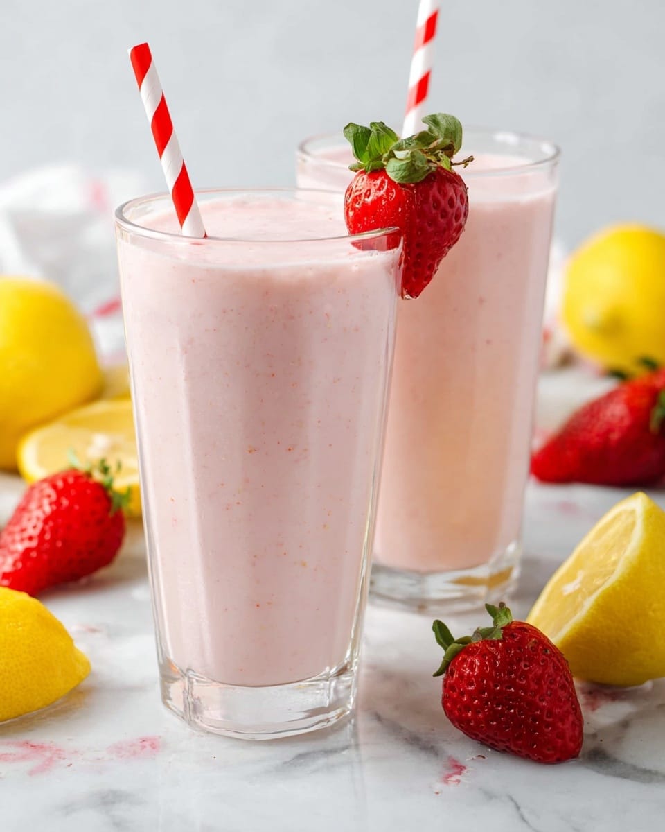 Two tall clear glasses sit on a white marbled surface, filled with a thick, light pink strawberry smoothie. Each glass has a red and white striped straw placed inside. One glass has a fresh red strawberry with green leaves perched on its rim. There are more whole red strawberries and bright yellow lemons scattered around the base. In the background, a blender with some remaining pink smoothie is visible, adding context to the fresh drink. Photo taken with an iphone --ar 4:5 --v 7