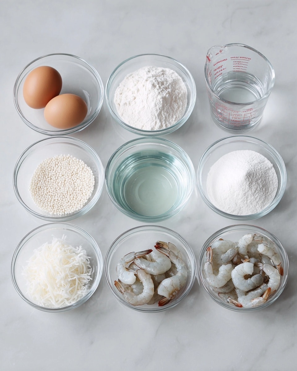 The image shows eight clear glass bowls arranged on a white marbled surface in two rows. The top row from left to right contains two brown eggs in the first bowl, a bowl of white powder resembling flour in the second, a bowl with clear liquid in the third, and a larger glass measuring cup filled with water in the fourth. The bottom row from left to right has a bowl filled with white small grains or beads, a bowl with shredded white coconut, a bowl with white flour or starch, and lastly a bowl filled with raw shrimp with light grey shells and tails. All items are neatly placed and visible with soft natural light. Photo taken with an iphone --ar 4:5 --v 7