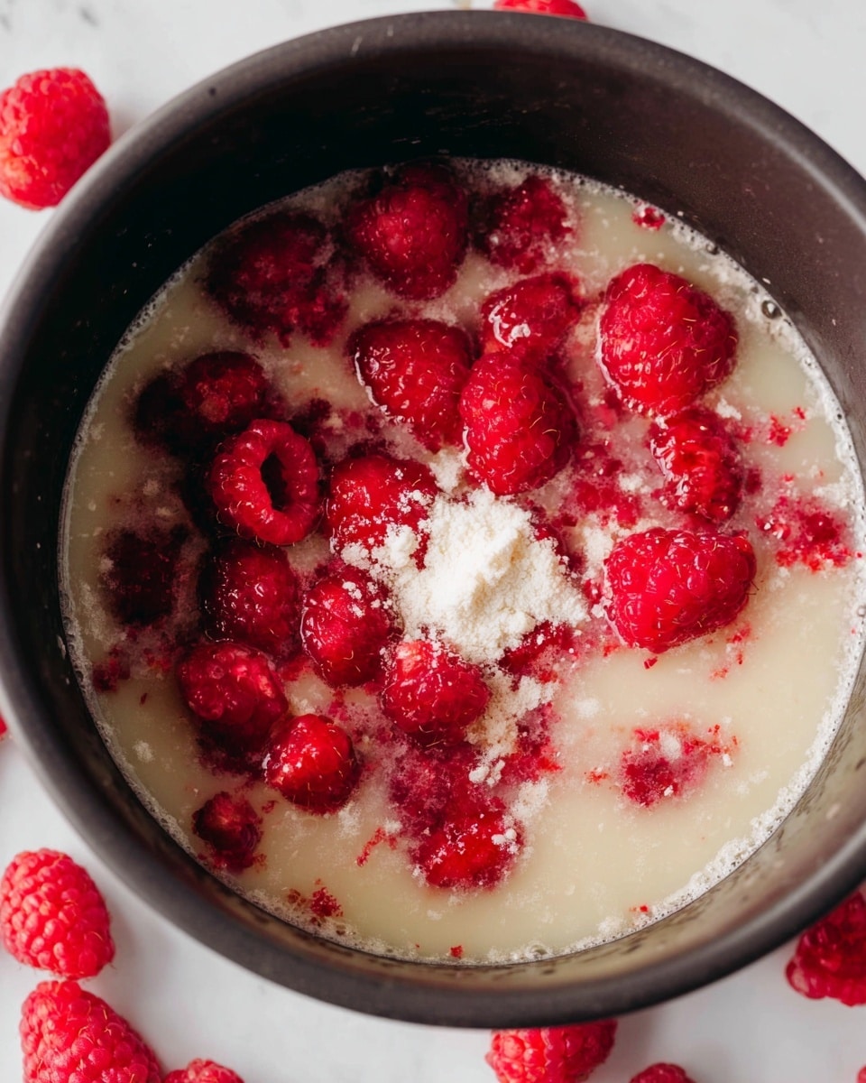A close-up top view of a black cooking pot containing two main layers: the bottom layer is a light beige liquid with a slightly cloudy texture, and the top layer is scattered bright red raspberries, some partially submerged in the liquid. There is a small white powdery pile sitting on the surface near the center among the raspberries. The pot is placed on a clean white marbled surface, with a few more raspberries out of focus in the background. photo taken with an iphone --ar 4:5 --v 7