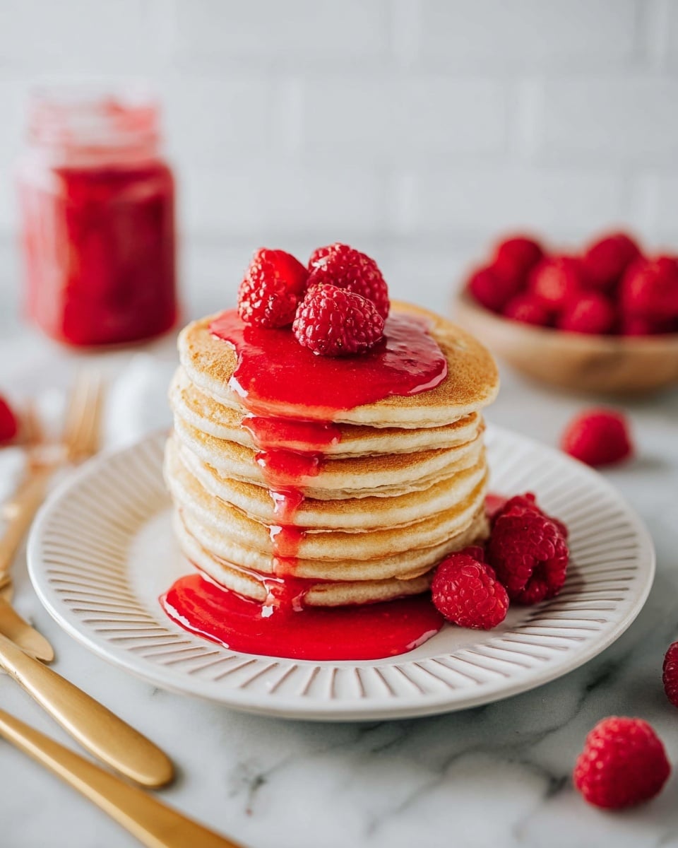 A stack of eight golden brown pancakes sits in the center of three stacked white plates, topped with a bright red raspberry sauce that drips slowly down the sides. Around the base of the pancakes, several fresh, plump red raspberries rest on the plate, adding a fresh texture. In the background, a jar filled with the same red sauce stands on a white wooden round board, with more scattered raspberries nearby. To the left side of the plates, a gold fork and knife lie on the white marbled table, creating a simple and clean look. photo taken with an iphone --ar 4:5 --v 7