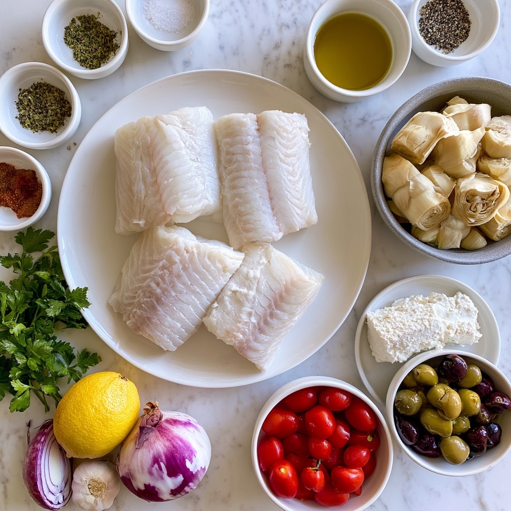 A white round plate holds four pieces of cod fillets, each pale white with fine textures showing the fish’s natural lines. Around the plate on a white marbled texture are small white bowls and dishes containing different ingredients: top right has a bowl with golden olive oil and another small bowl with black pepper and white salt; next to the plate on the right is a gray bowl filled with light beige artichoke hearts. Below these, a small white plate holds a chunk of white feta cheese, and a white bowl with mixed green and dark purple olives. Further down, another white bowl is full of bright red cherry tomatoes. To the left side of the plate on the white marble are fresh green parsley sprigs, small bowls with herbs and spices that include green and reddish powders, a full yellow lemon, a whole purple and white red onion, and a garlic bulb. The whole setup looks fresh and colorful, arranged neatly on the clean white marble surface, photo taken with an iphone --ar 4:5 --v 7