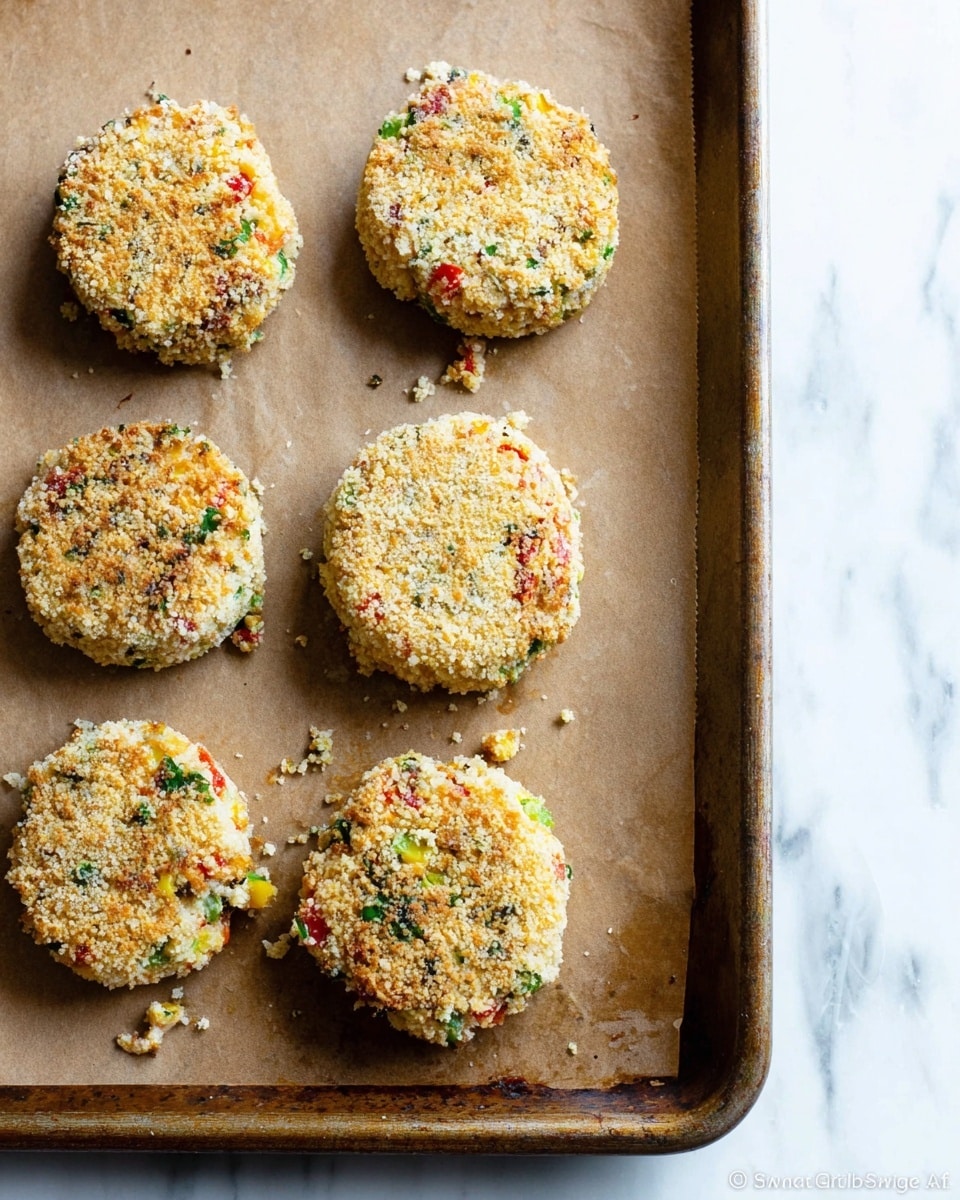 Five round patties sit on a brown parchment-lined metal baking tray placed on a white marbled surface. Each patty looks crumbly with a rough texture and is coated with light breadcrumbs mixed with small bits of green, red, and yellow vegetables, giving a speckled look. The patties vary slightly in size and shape, and there are some loose crumbs scattered around them on the parchment. Photo taken with an iphone --ar 4:5 --v 7