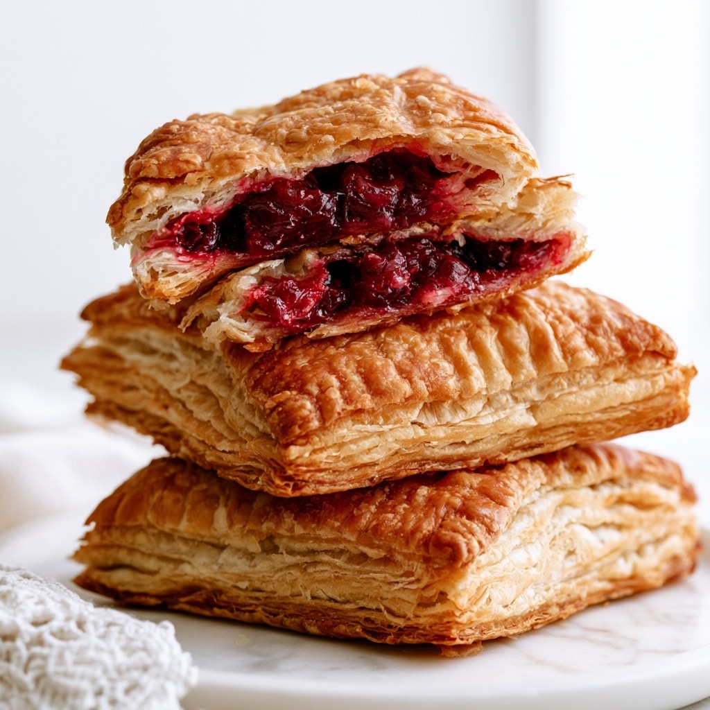 A stack of four golden brown triangular cherry pastries is placed on a white decorative plate, with a few dark red cherries around and on top. The top layer of each pastry looks crispy with sprinkled sugar crystals and crimped edges, showing a glimpse of deep red cherry filling inside. The plate sits on a white lace cloth over a soft pink surface, but the pink is replaced by a white marbled texture in the background. photo taken with an iphone --ar 4:5 --v 7