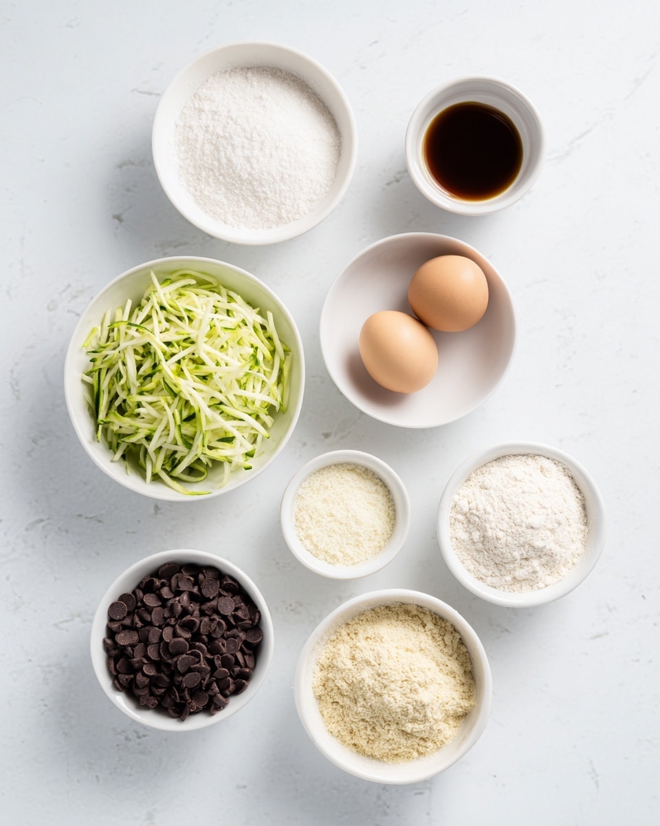 The image shows several small white bowls arranged on a white marbled surface. Near the top left is a bowl with a coarse white substance, likely salt. To its right is a white bowl containing two light brown eggs. Below, a bowl is filled with shredded green zucchini. To the right of that is a smaller bowl with a fine white powder, maybe baking powder. Lower down, two more white bowls hold a beige crumbly powder and a white flour-like substance. At the bottom, a white bowl contains a dark brown liquid, possibly vanilla extract, next to another white bowl filled with dark chocolate chips. The setup is clean and organized, ready for baking or cooking preparation, photo taken with an iphone --ar 4:5 --v 7