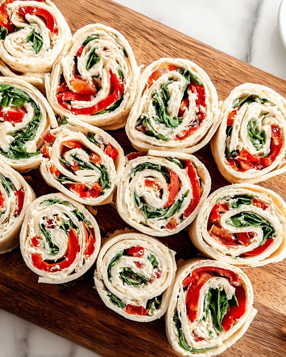 Several rolled pinwheel sandwiches are placed closely together on a wooden cutting board over a white marbled surface. Each sandwich has three visible layers: a soft, light beige tortilla wrap on the outside, a layer of white shredded cheese inside, followed by bright red roasted red pepper strips and some fresh green leafy spinach scattered evenly. The texture of the tortilla looks soft and flexible, while the cheese appears shredded and slightly melted. The vibrant red of the peppers and the fresh green spinach make a colorful swirl pattern inside each tortilla roll. Photo taken with an iphone --ar 4:5 --v 7