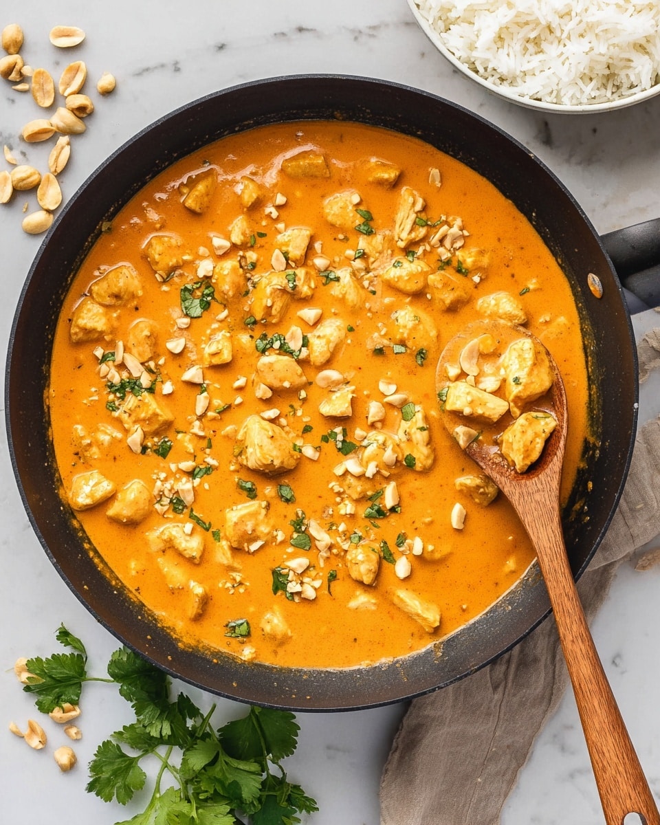 A large black pan holds a creamy, orange sauce with many pieces of white chicken chunks spread evenly throughout. The sauce is smooth and rich, garnished on top with small green herb pieces and scattered peanuts, adding texture and color contrast. A wooden spoon is partially in the pan, lifting a scoop of the sauce and chicken pieces. Around the pan, a few peanuts and fresh green herb leaves are placed on a white marbled surface. In the top right corner, there is a white bowl filled with fluffy white rice. Photo taken with an iphone --ar 4:5 --v 7