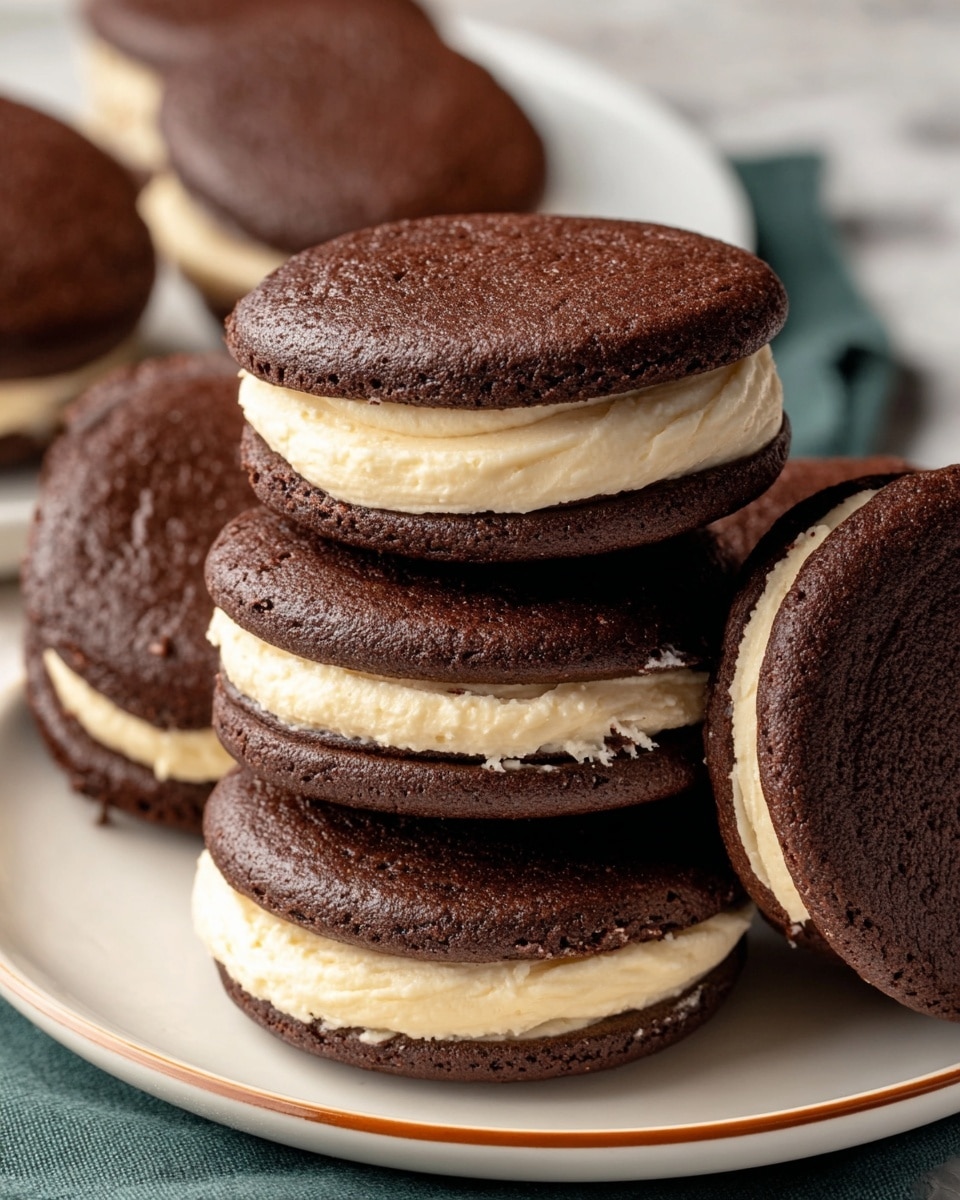 The image shows stacked chocolate sandwich cookies on a white plate with a brown rim. Each cookie has two dark brown chocolate layers that look soft and slightly textured. Between these layers is a thick, creamy light beige filling that appears smooth and fluffy. The cookies are closely packed with a few more in the background, resting on a white marbled surface under warm light. Photo taken with an iphone --ar 4:5 --v 7