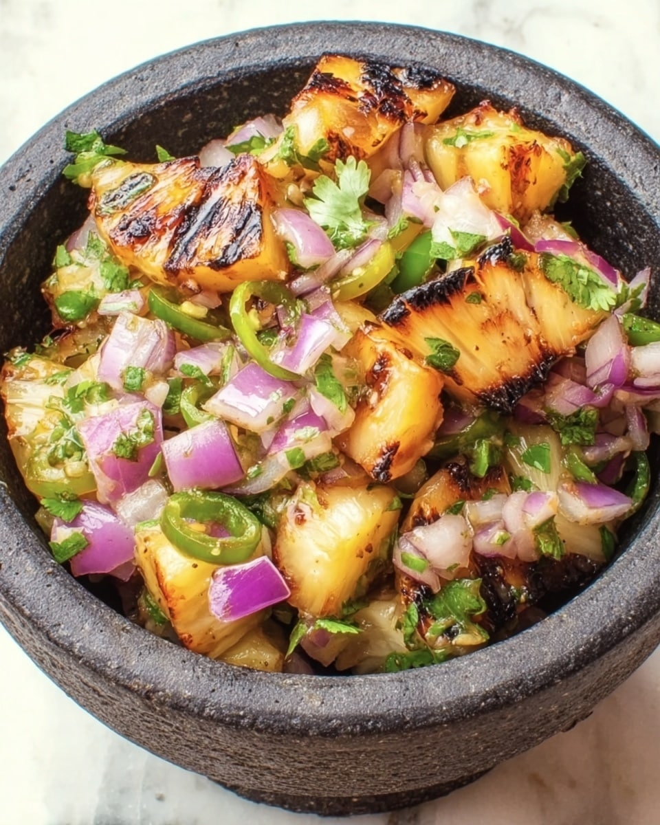 The image shows a black stone bowl filled with a colorful salsa. The salsa has grilled pineapple pieces with light brown edges and char marks, mixed with small cubes of white onion and purple onion, and sprinkled green herbs like cilantro, and bits of green chili peppers. The ingredients are fresh and moist with a rough texture from the charred pineapple and bright colors from the fresh vegetables. The bowl is placed on a white marbled surface. photo taken with an iphone --ar 4:5 --v 7