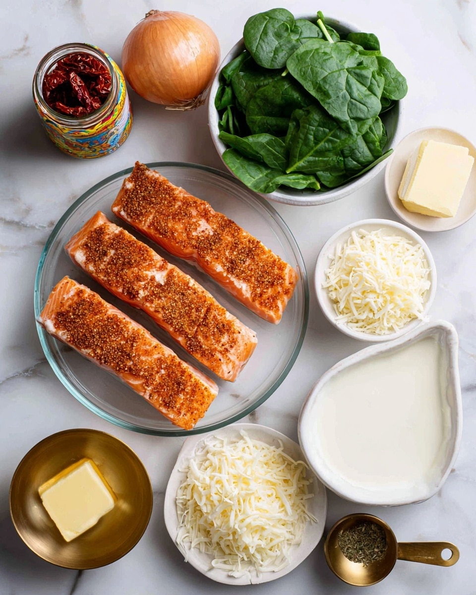 The image shows four orange salmon filets sprinkled with a brown spice blend, arranged in a clear round dish at the center on a white marbled surface. Above the dish, a white bowl filled with bright green baby spinach leaves sits. To the left of the dish, there is a sealed jar of sun-dried tomatoes with a colorful label, below which a whole yellow onion and a small white bowl with minced garlic are placed. To the right of the dish, a white measuring cup filled with thick white heavy cream and a small white plate with a pat of yellow butter are arranged. Below the dish, a brass measuring cup holds light yellow chicken broth, and another brass cup next to it contains white shredded parmesan cheese. A smaller brass measuring spoon near the bottom right has dried green basil leaves. All items are spaced neatly on the white marbled surface. Photo taken with an iphone --ar 4:5 --v 7