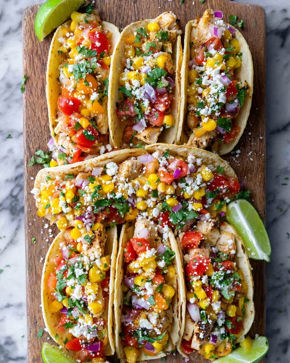 Six soft corn tortillas arranged in a row on a wooden board over a white marbled surface, each filled with layers starting with light grilled chicken pieces, topped with a colorful mix of diced yellow and red tomatoes, chopped red onions, kernels of corn, and fresh green cilantro. The top layer is sprinkled with white crumbly cheese, and there are wedges of lime placed beside the tacos. The colors are bright and fresh, showing red, yellow, green, and white in an inviting arrangement. Photo taken with an iphone --ar 4:5 --v 7